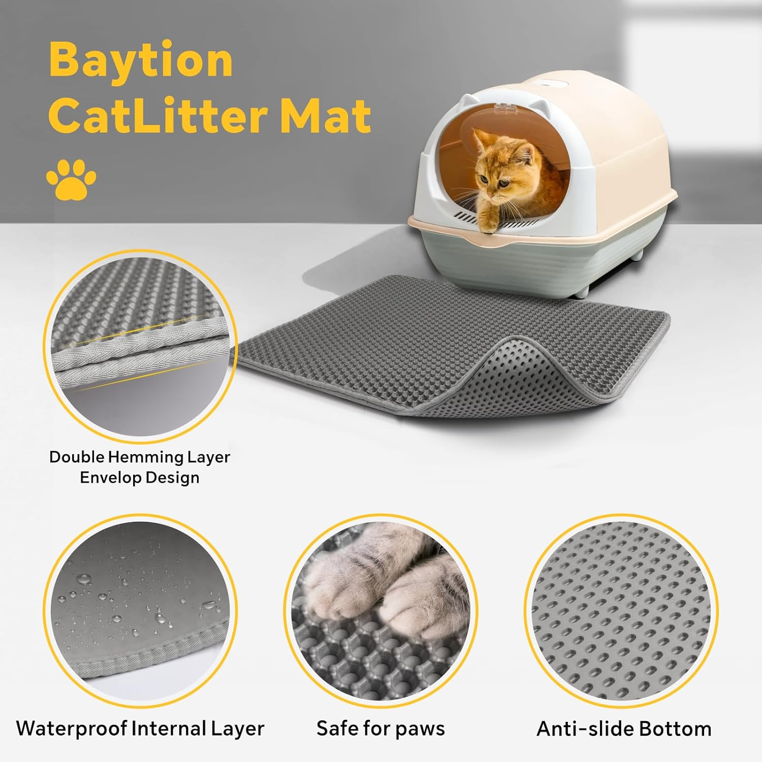 Baytion Cat Litter Mat, Litter Tray Mat 60 X 44 Cm for Cat Litter Box and Cat Toilet, Double Layer Trapping Mat, Big Honeycomb Holes, Waterproof Urine Proof, EVA Material BPA Free (Gray） image number 5