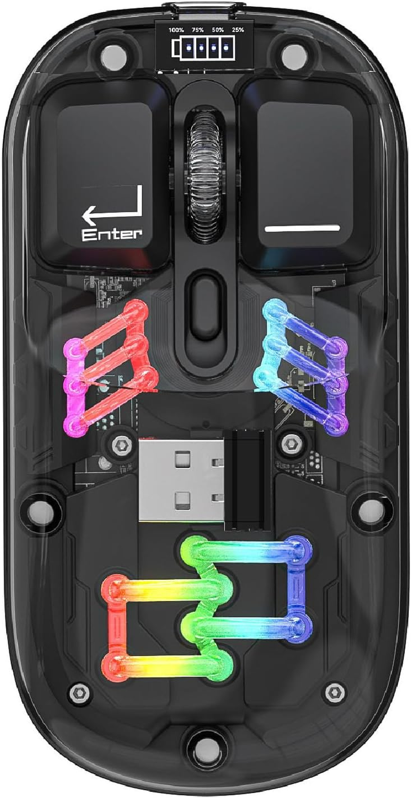 Cordless Gaming Mouse, 2.4G BT 5.0 2 Mode Optical Mouse, RGB Ultra Thin Rechargeable Computer Mice, Ergonomic Mouse for Laptop PC Tablet, Transparent (Purple)