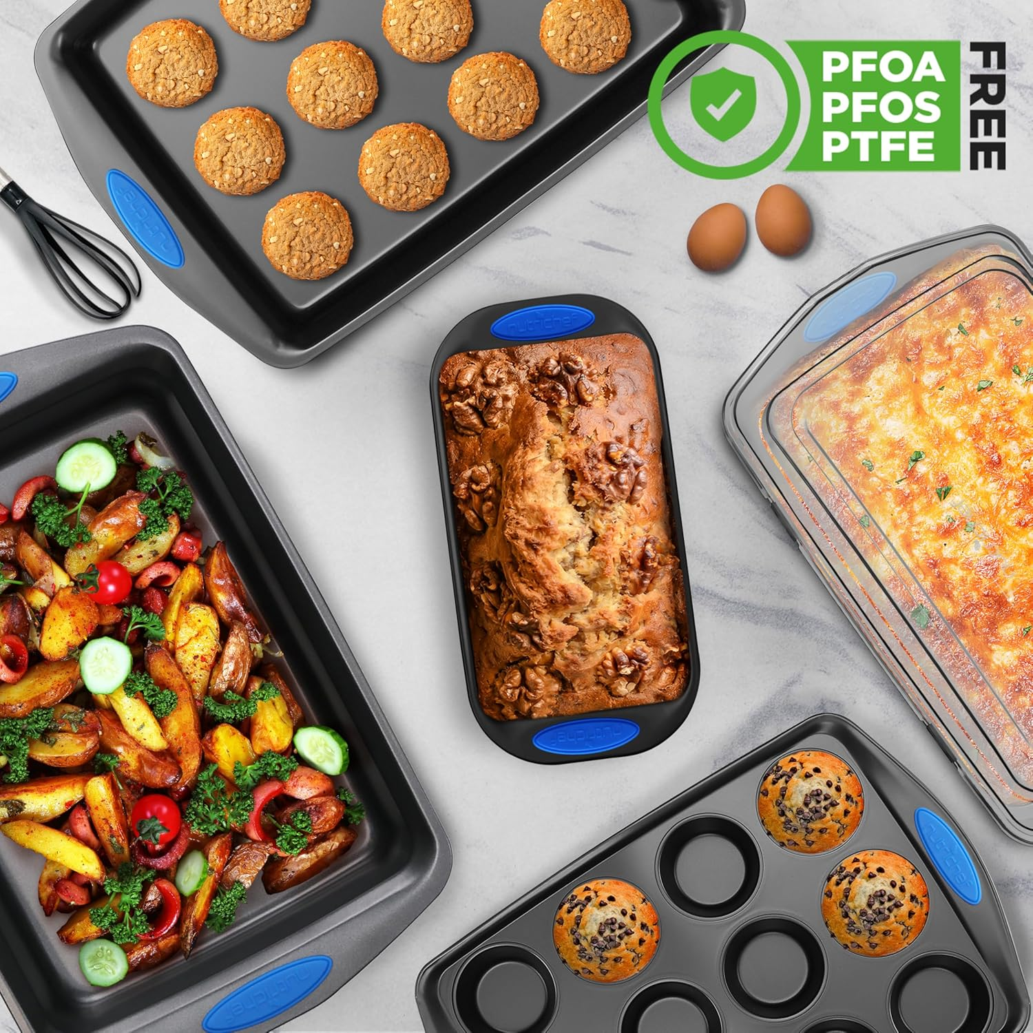 Nutrichef 6-Piece Baking Pan Set - PFOA, PFOS, PTFE Free Flexible Nonstick Gray Coating Carbon Steel Bakeware - Professional Home Kitchen Bake Cookie Sheet Stackable Tray W/Blue Silicone Handles