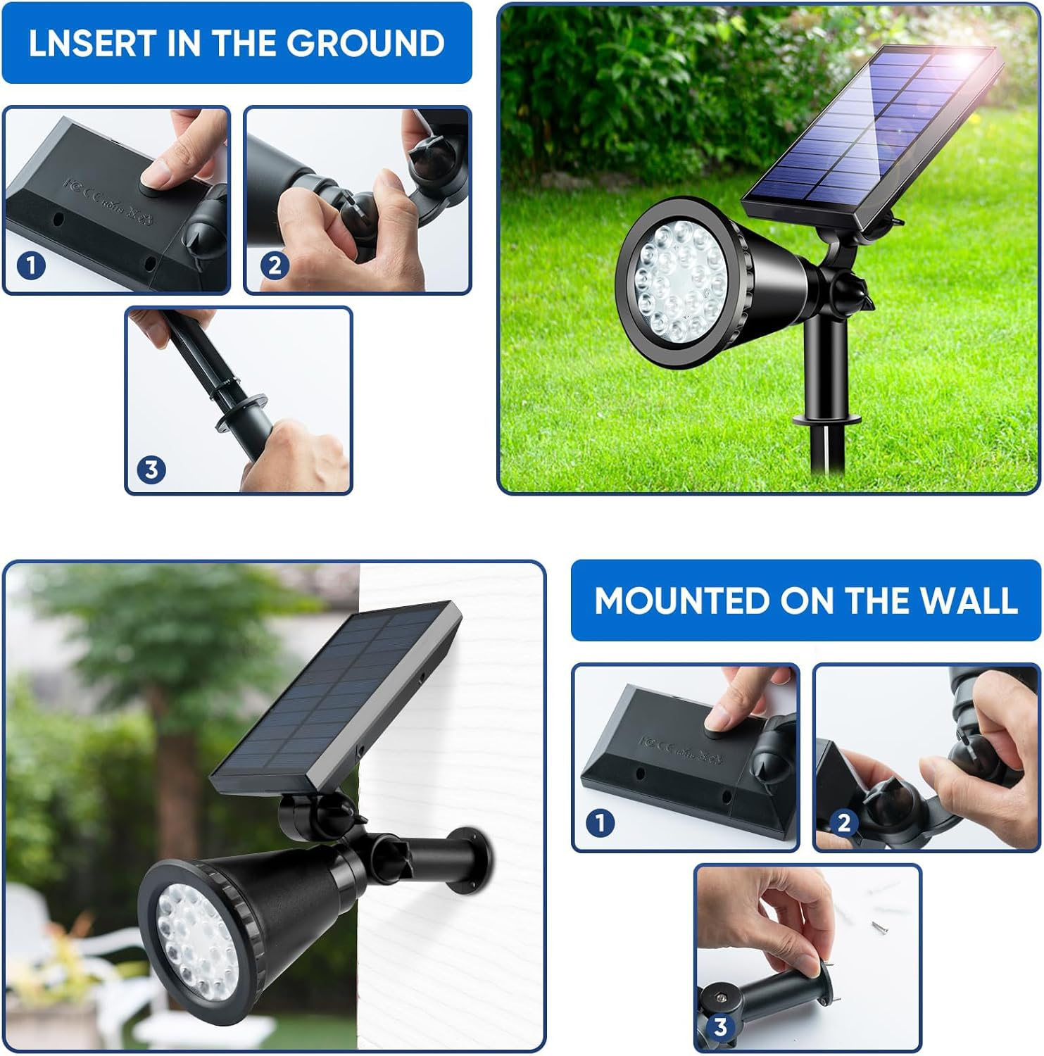 3Pack Solar Spot Lights Outdoor, 18Leds Waterproof Adjustable Solar Spotlights,2 Modes Solar Powered Spotlights Landscape Lighting for Tree, Driveway, Yard, Backyard, Garden (Cool White - 1 Pcs image number 4