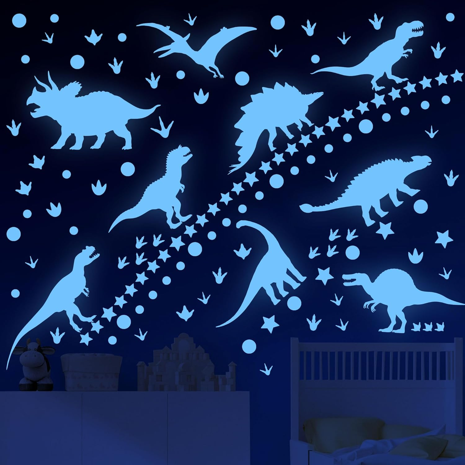 Glow in the Dark Stars Dinosaur Wall Decals Glowing Dinosaur Wall Stickers Luminous Dino Wall Decals Glow in the Dark Stars for Ceiling Boys Girls Bedroom Living Room Wall Decoration image number 6