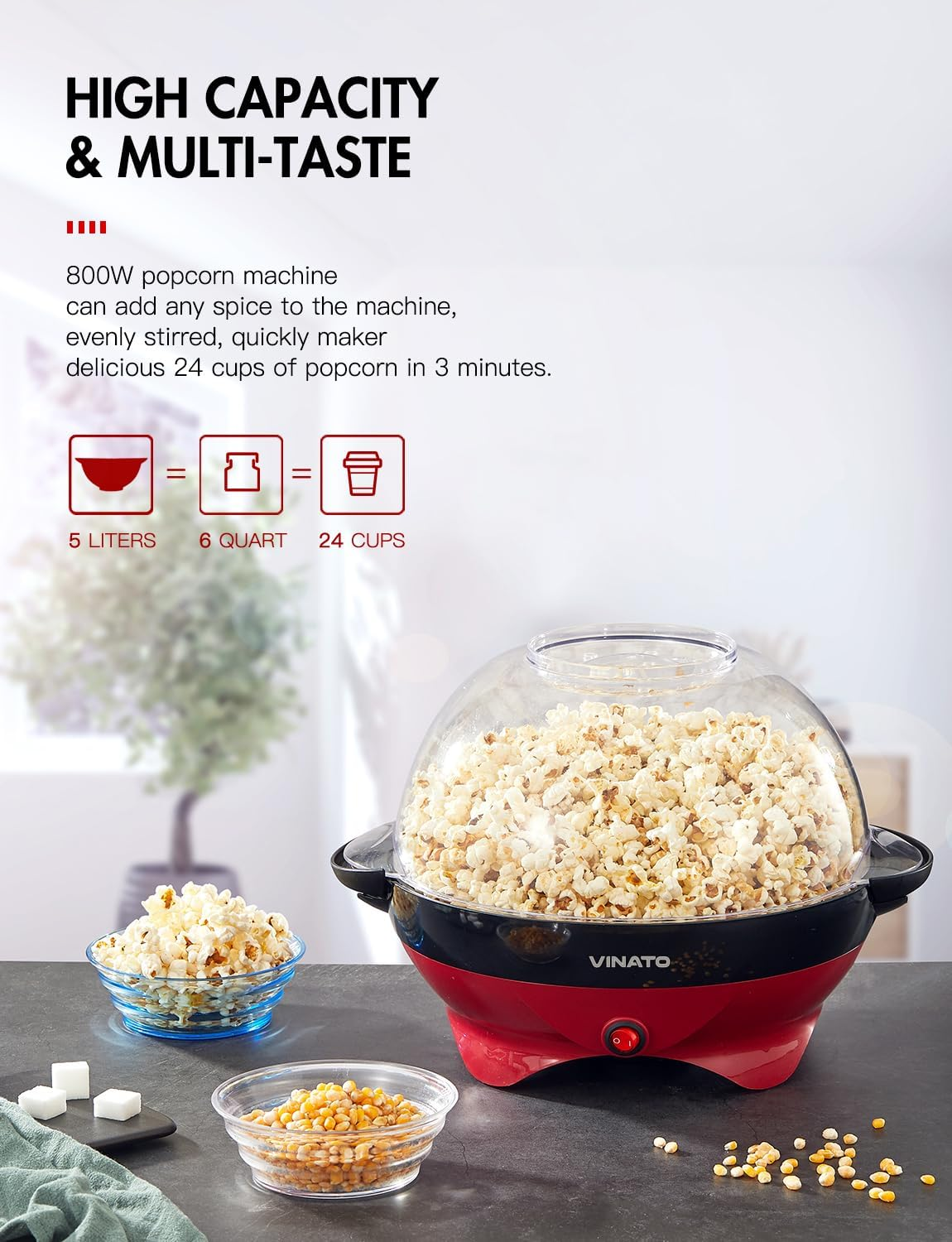 VINATO Popcorn Machine, Popcorn Maker for Home, Popcorn Popper Machine with Non-Stick Coating and Removable Heating Surface, 5 L, with Cool Touch Handles image number 6