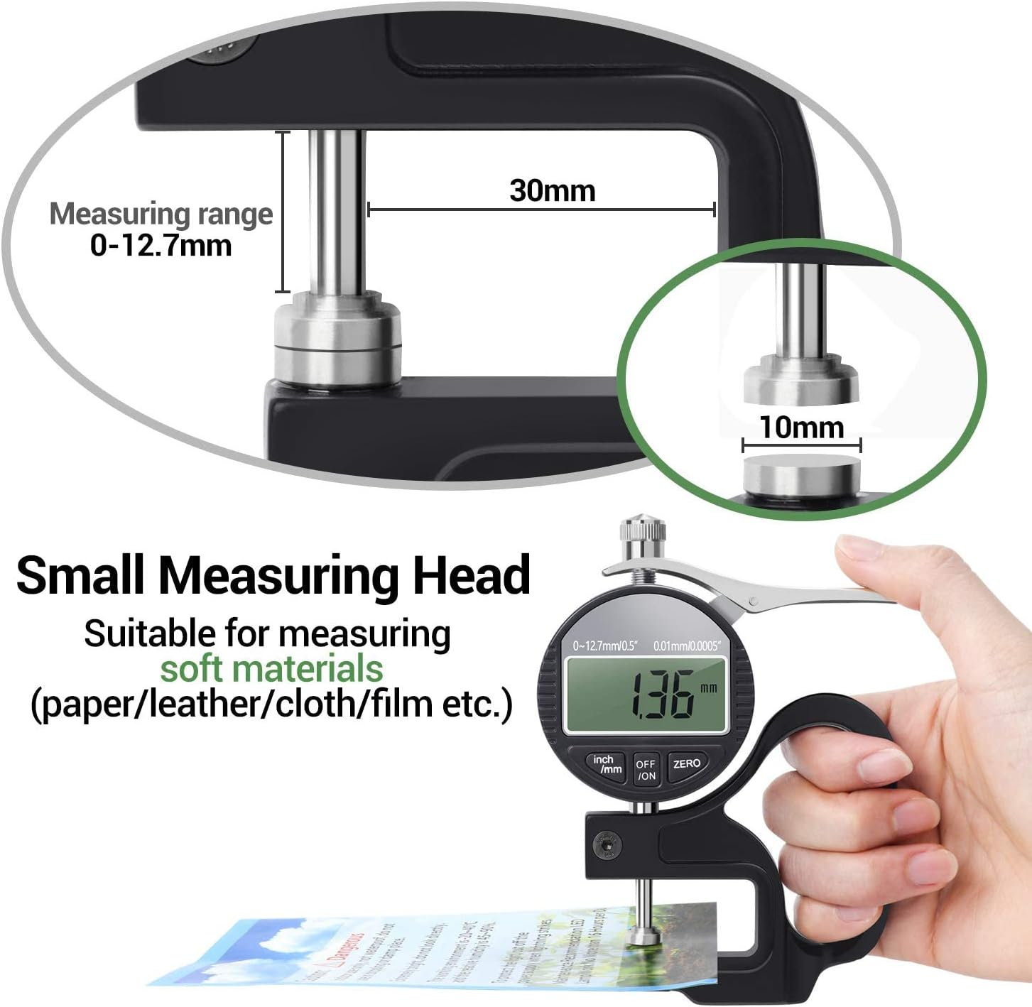 Digital Thickness Gauge 0.5 Inch/12.7Mm, 0.0005"/0.01Mm, Thickness Meter Metric/Inch Paper/Film/Fabric/Tape Thickness Gauge