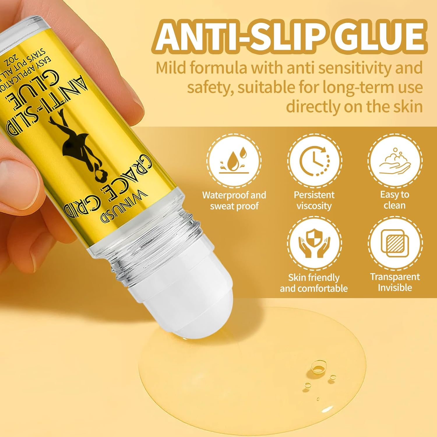 WINUSD Roll-On Body Adhesive for Skin & Clothing | Invisible Body Glue for Socks, Armsleeves, Stockings, Leotards, Bras, Wigs, Fashion & Dancewear - Sweat Resistant, Residue Free, Clear, 2Oz (1Pcs) image number 2