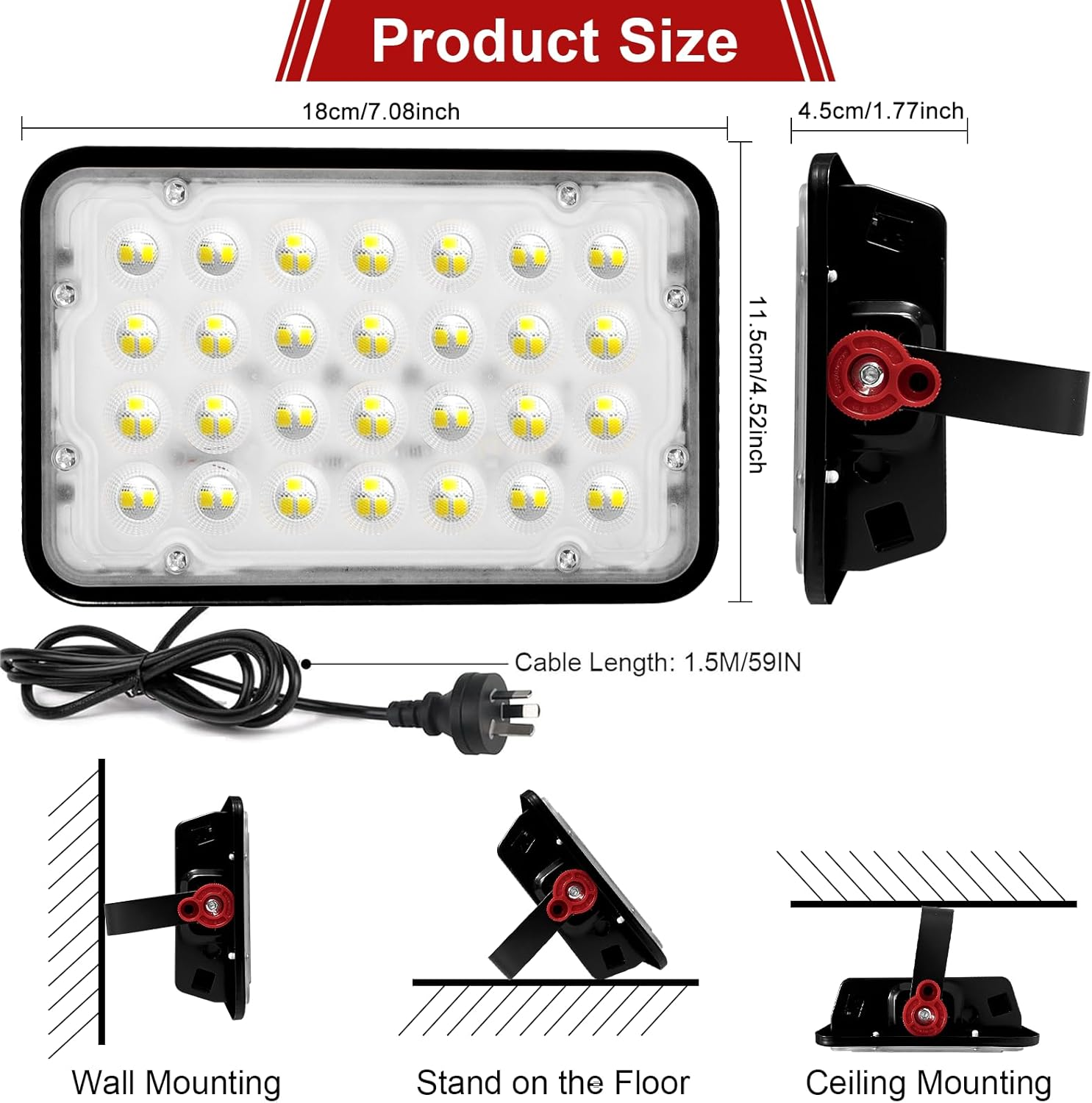 2 Pack 50W LED Flood Light Outdoor, 5000LM LED Work Light, Floodlight with Plug On/Off Switch, 6500K Portable Exteriores Security Light for Yard, Garden, Stadium, Playground image number 2