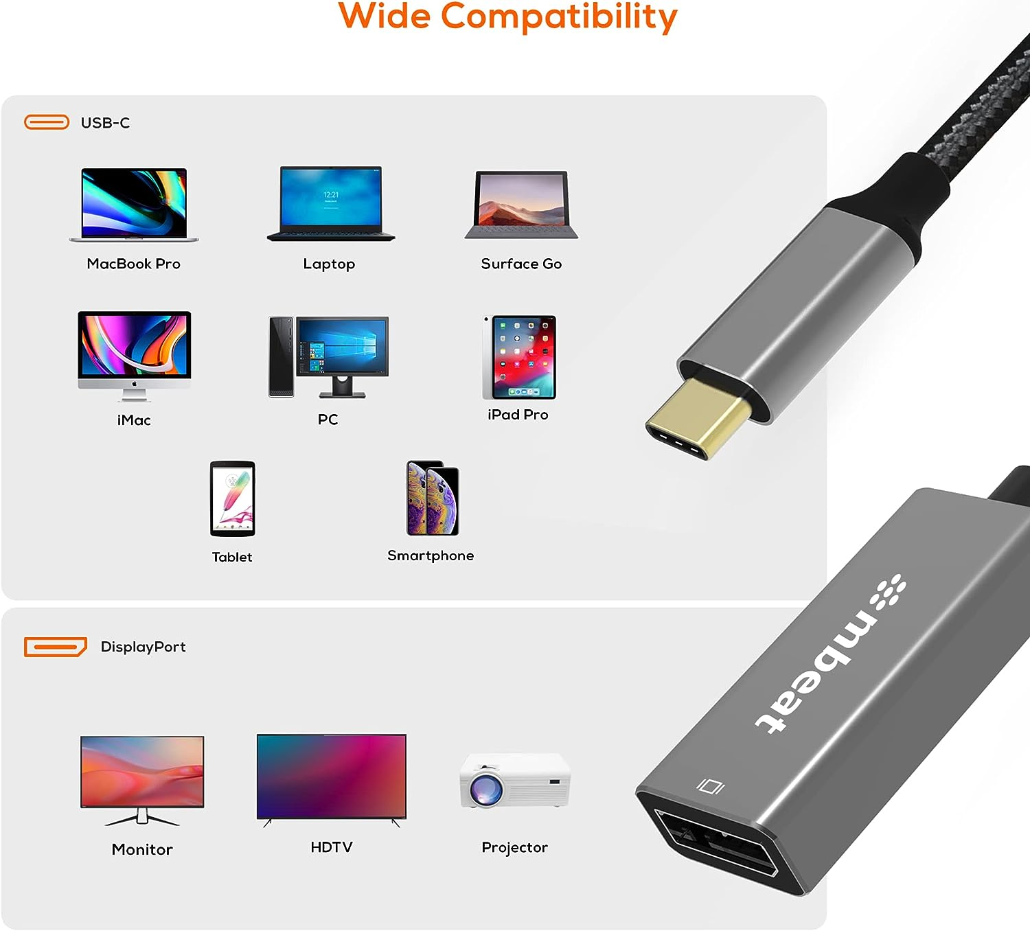 Mbeat Elite USB-C to Display Port Adapter - Space Grey, Converts USB-C to Displayport Female Port, Allowing Computers or Laptops with USB-C Port to Use Displayport Cables to Connect Monitors, Projectors, or Hdtvs with Displayport, Supports High-Definition Resolution up to 4K@60Hz (3840&times;2160) image number 6