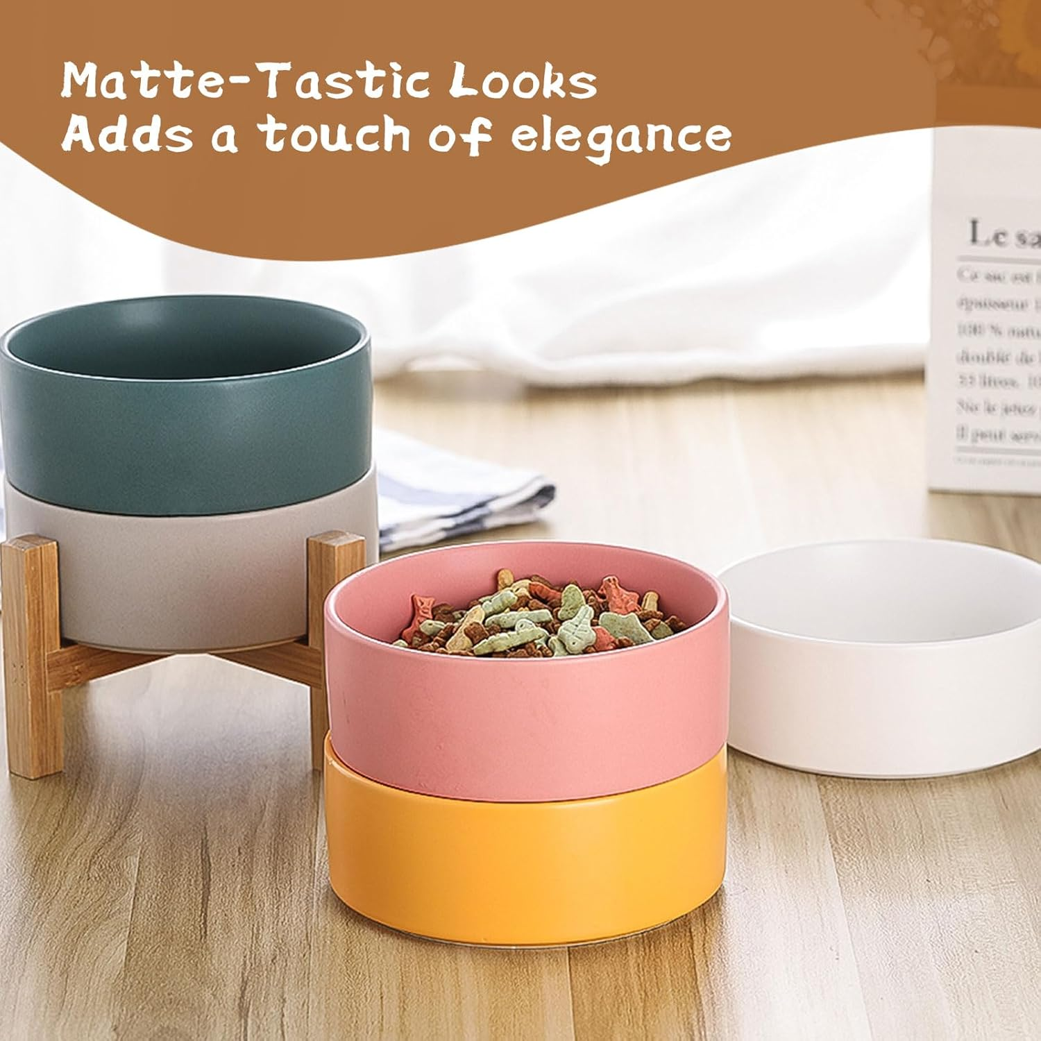 White Ceramic Elevated Raised Cat Bowls,Cat Food Dish with Stand, Raised Cat Food or Water Bowls anti Vomiting,Pet Bowl with anti Slip Rubber Pad,Stress Free for Cats and Small Dogs（400Ml/13.5Oz) - Green image number 5