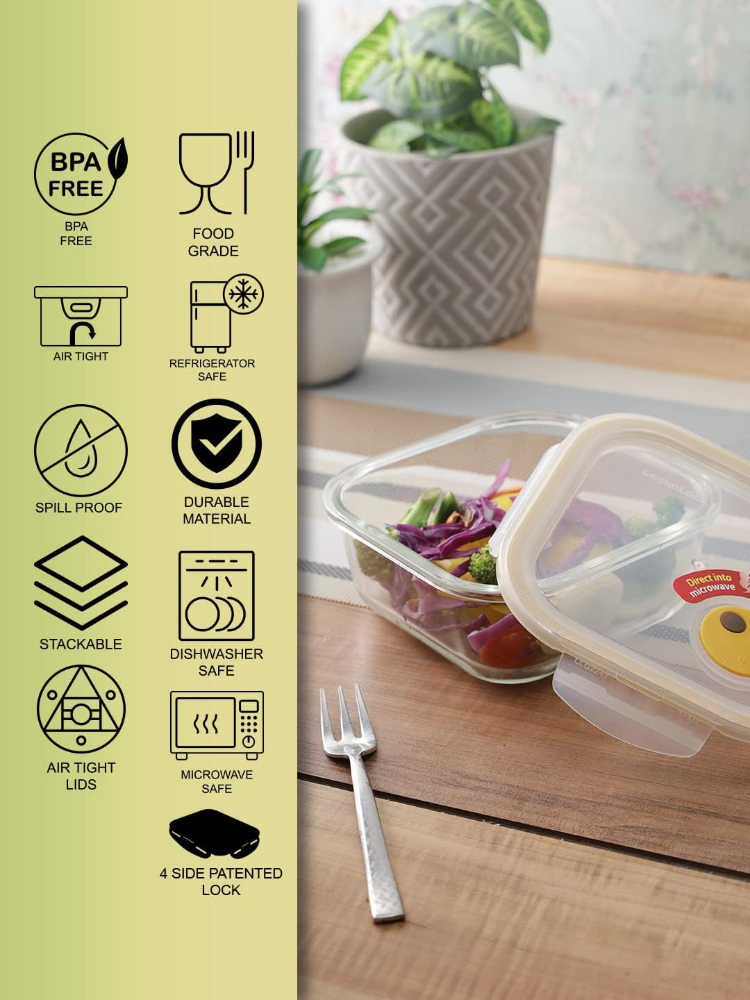 Lock & Lock Purely Better Glass Food Storage Container with Steam Vent Lid, Square-25 Oz, Clear image number 1