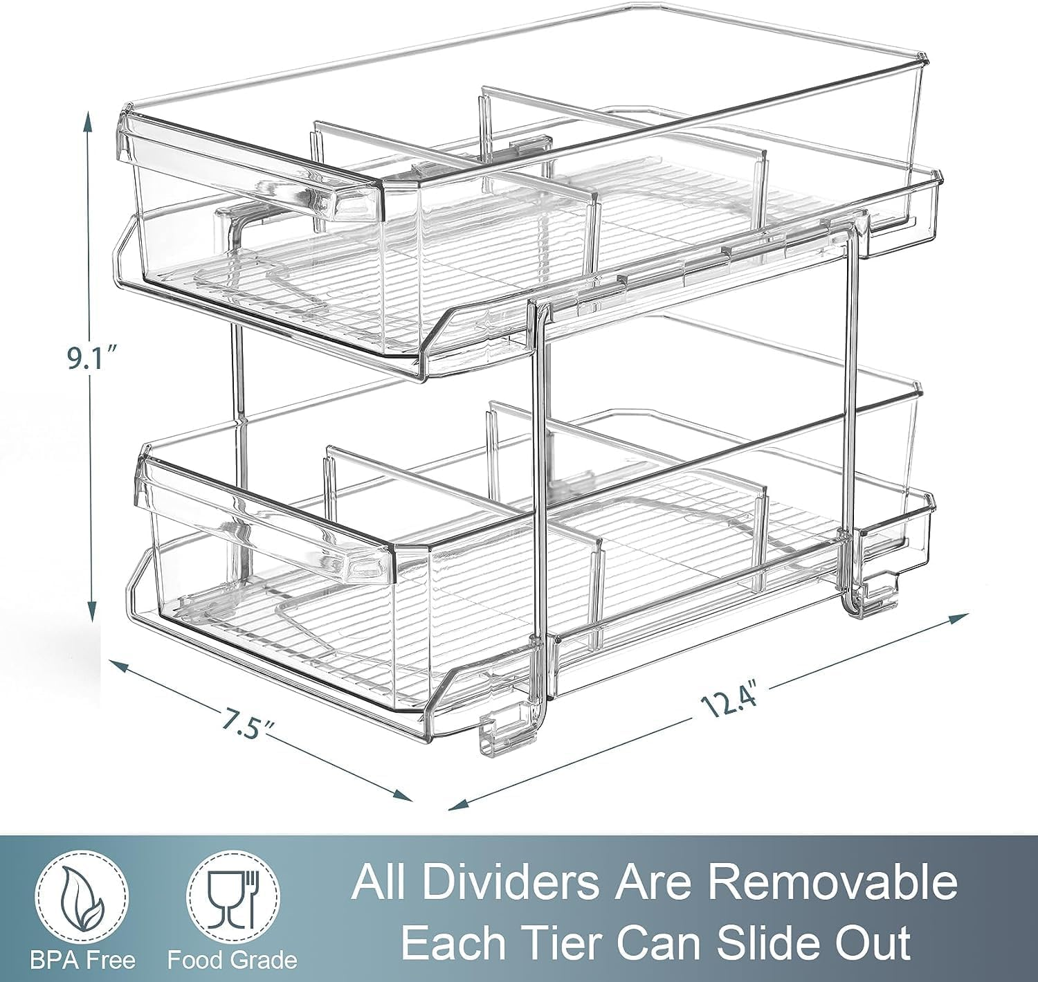 2 Tier Clear Pull Out Cabinet Organizer for Pantry Organiser, Medicine Cabinet Storage Bins, Kitchen Storage and Organisation, under Sink Storage Drawer Organiser for Countertop, Bathroom image number 5