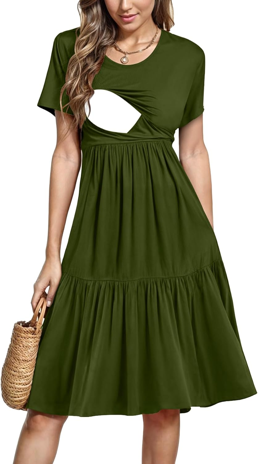 PARNIXS Women'S Summer Nursing Dress Short Sleeve Maternity Knee Length Breastfeeding Dress