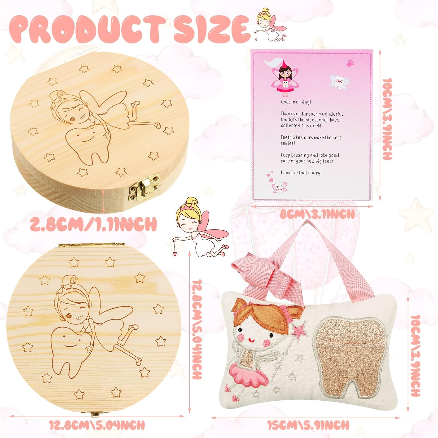 Qunclay Tooth Fairy Kits Includes 3.9 X 5.9 Inch Cute Tooth Fairy Pillow Wooden Keepsake Box Container and 20 Warm Letters(Pink,Girl Style) image number 5
