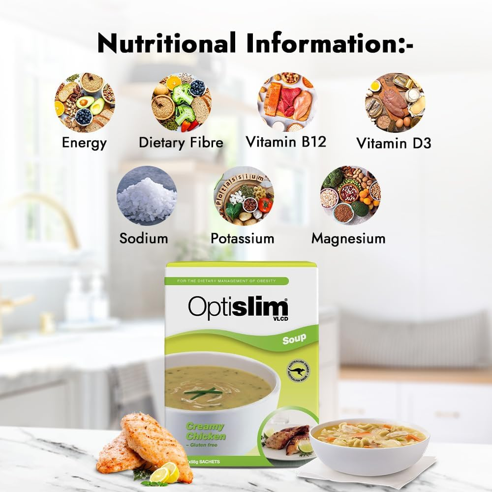 Optislim VLCD Soup - High Pure Protein, Low Carb Healthy Diet Soup Powder, High Calcium, Gluten Free, with 25 Vitamins and Minerals - 7 X 55G - Creamy Chicken image number 1