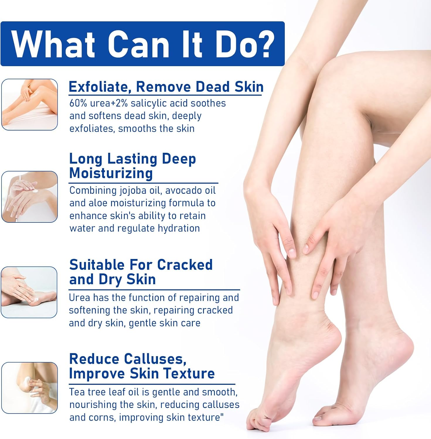 Urea Cream 60% for Feet Maximum Strength, Urea Foot Lotion with 2% Salicylic Acid for Dry Cracked Feet, Heel, Hand & Knee, 5.3 Oz Exfoliating Foot Care for Dead Skin, Softening & Deep Moisturizing image number 3