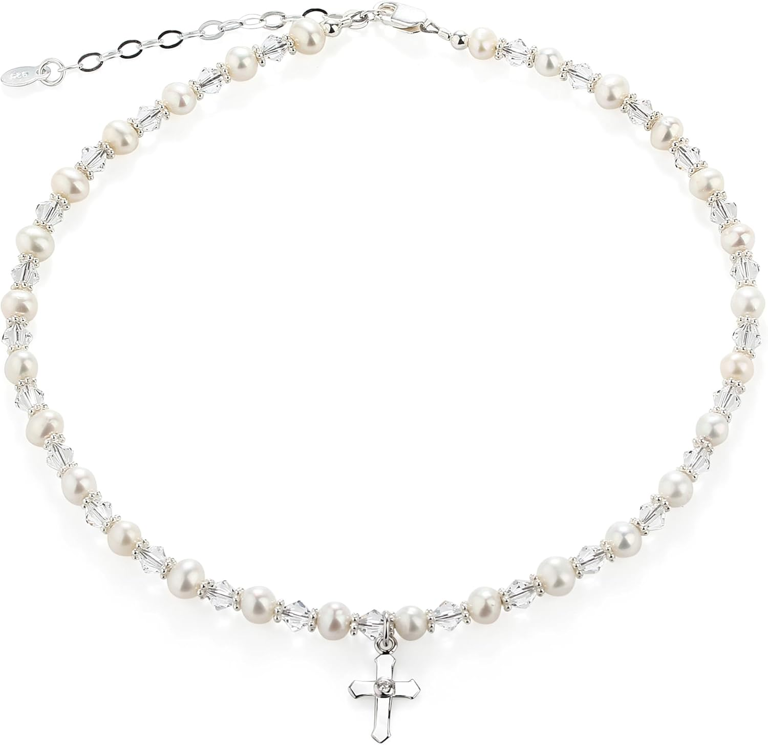 Children'S Sterling Silver Cross Bracelet And/Or Necklace with Cultured Pearl and High End Crystal for First Communion, Baptism or Christening image number 1