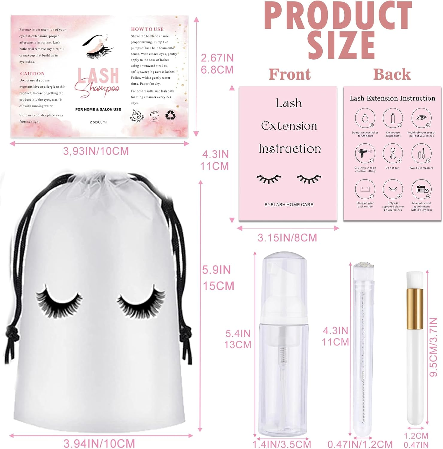 60PCS Lash Shampoo Bottles and Brushes Set, 10Pcs Foam Pump Dispenser, Lash Cleaning Brush, Eyelash Extension Tube Brush, Instructions Cards, Bags, Lash Shampoo Stickers for Business Clients (B-White) image number 5