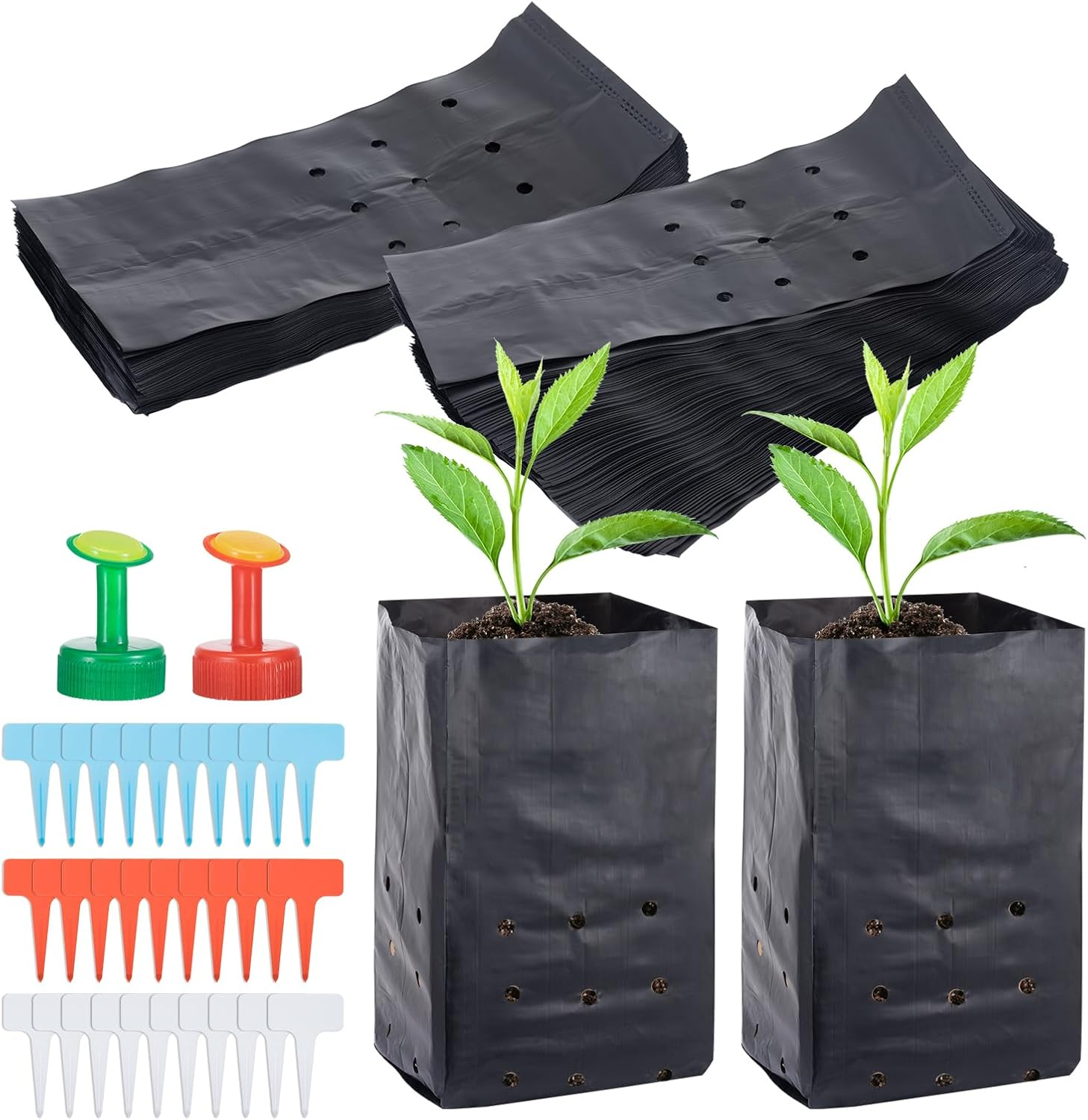 100 Pcs Nursery Growing Bags Seedling Starter Bags with 30 Plant Labels & 2 Mini Watering Sprinklers,Plant Grow Bags Plants Pots Plastic Pouches for Garden Trees,Flowers, Vegetable(7.5X3.8X2.6 Inch) image number 4