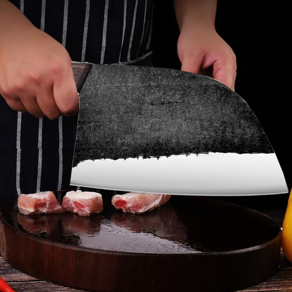 Serbian Chefs Knife 6.7 Inch Full Tang,Forging Kitchen Knives,Wood Handle Set with Leather Sheath Chef Butcher Knife Outdoor Meat Vegetable Cleaver for Family, BBQ or Camping image number 5