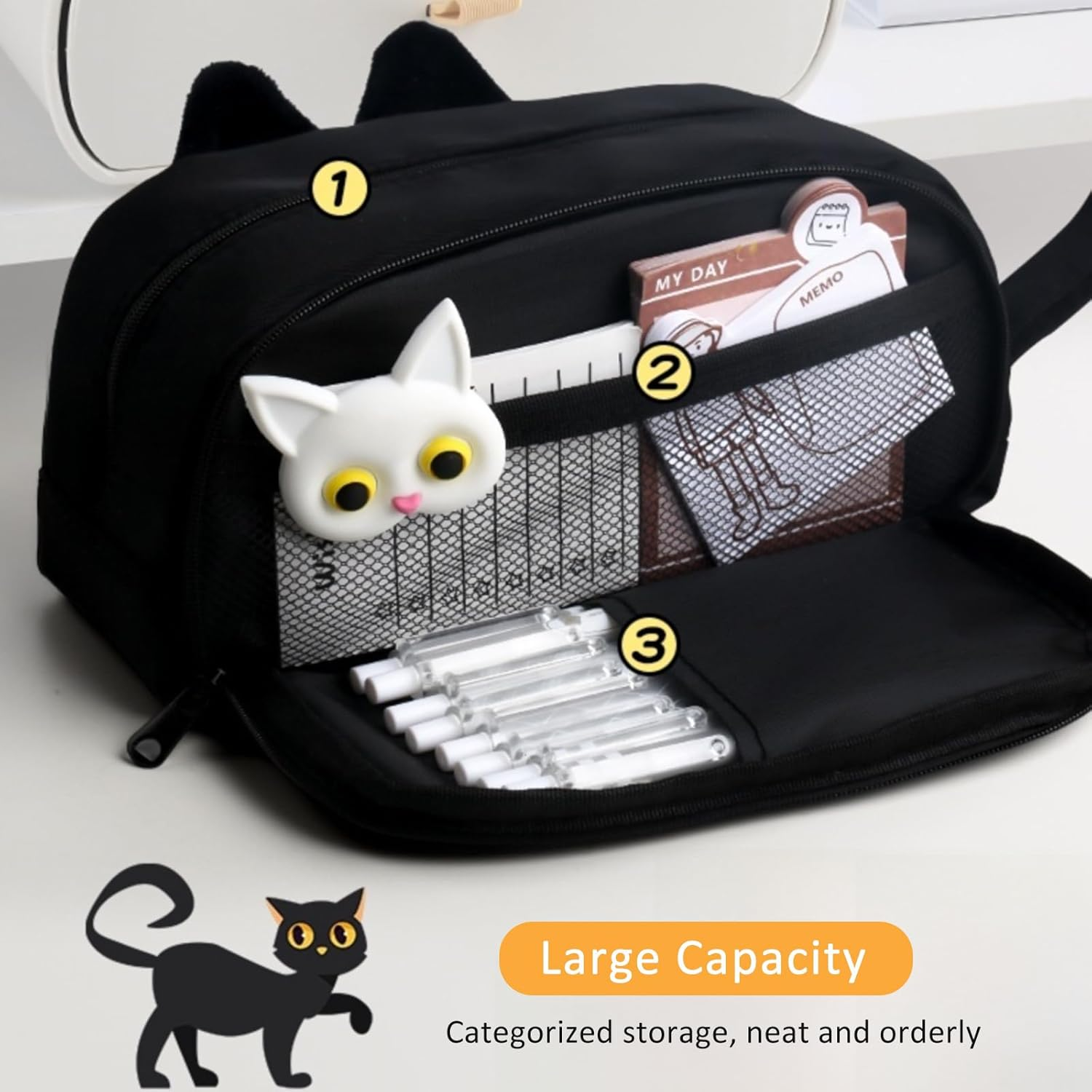 Large Capacity Pencil Case, TOTCOZY Cute Cat Pencil Pouch with Compartments, School Stationery Organizer, Travel Makeup Cosmetic Bag