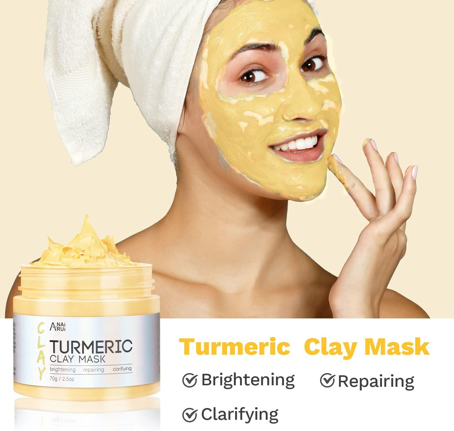 ANAI RUI Turmeric Clay Mask - Green Tea Clay Mask - Dead Sea Minerals Mud Mask, Spa Facial Mask Set, 2.5 Oz Each image number 3