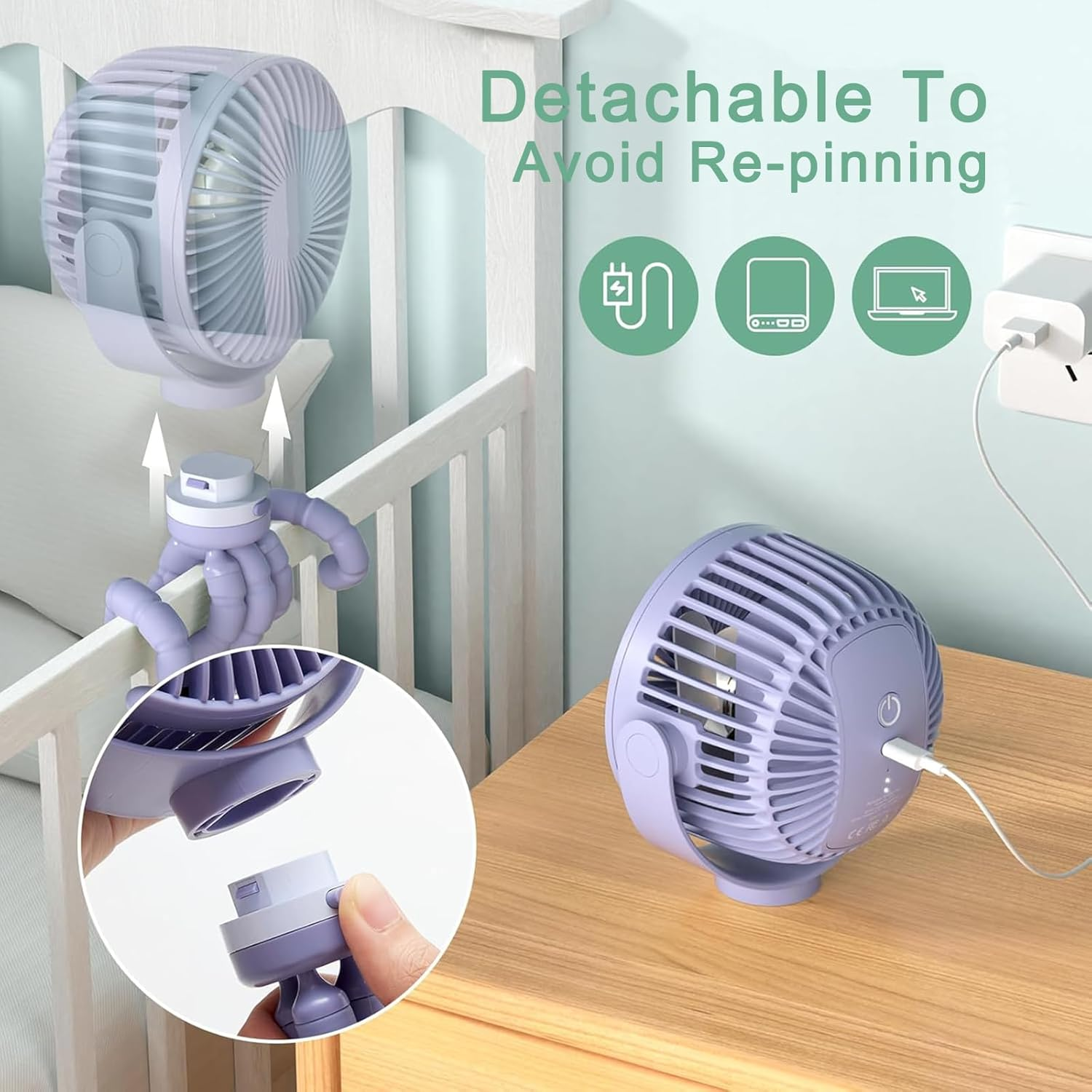 8000Mah Portable Stroller Fan, 27H Ultra-Long Battery Life Detachable 4 Speed 360&deg;Rotate LED Night Light with 2 Modes, USB Rechargeable Handheld Cooling Fan for Travel/Car Seat/Bedroom,Purple image number 5