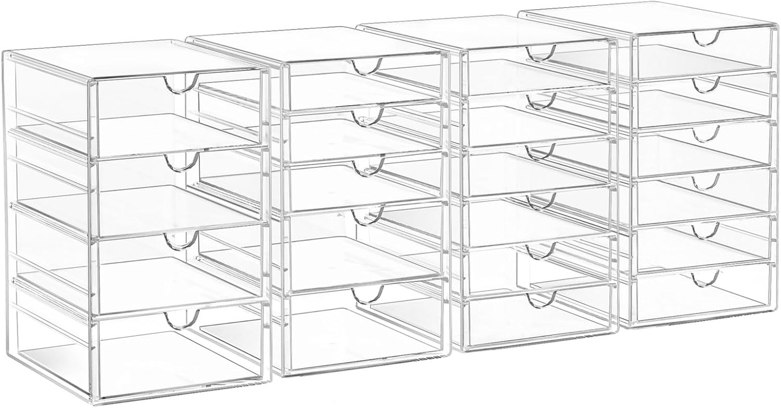 AMALEKO Acrylic Drawer Organizers - 21 Drawers 4 Set - Clear Storage Drawers for Office Supplies - Stackable Makeup Organizer - Dustproof Desk Organizers for Makeup, Jewelry, Pen, Stationary