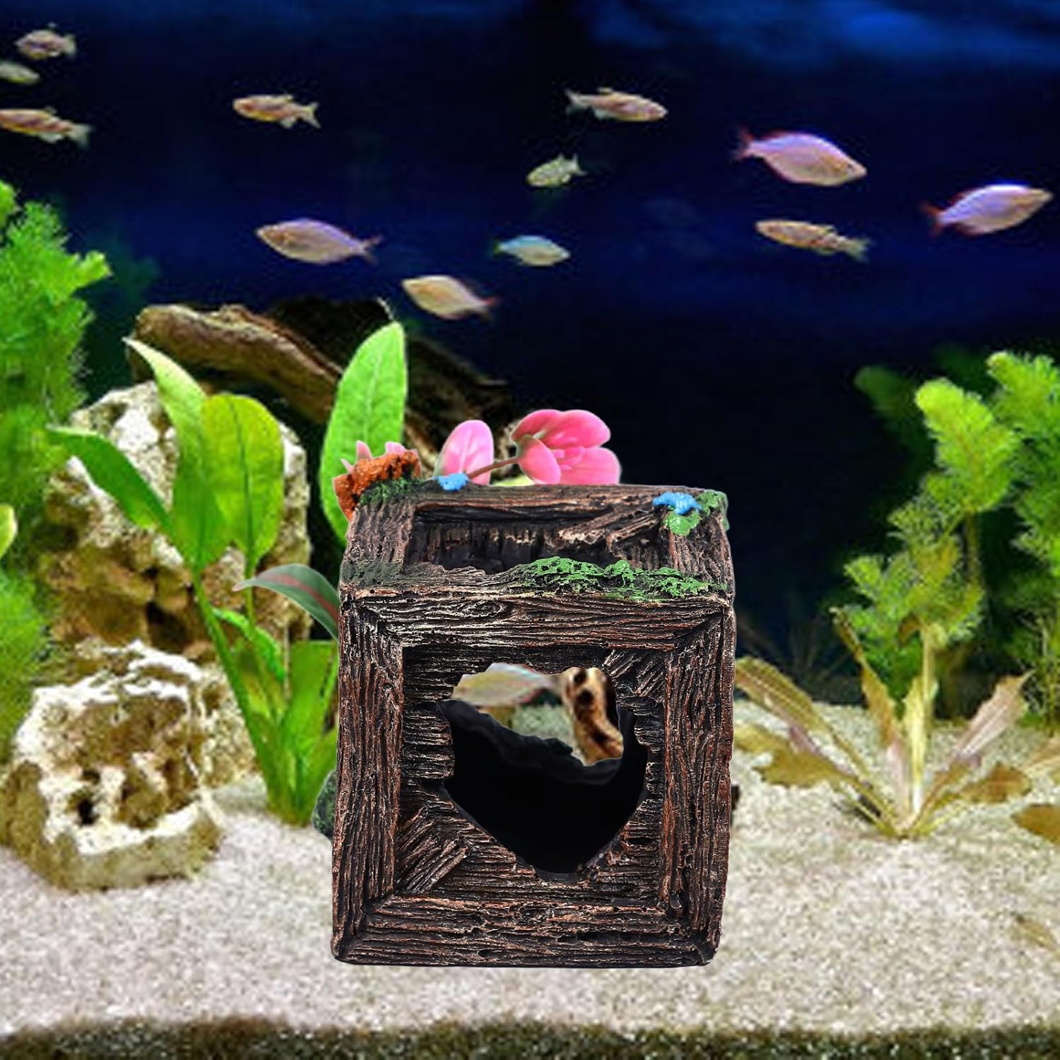 Aladeno Wooden Crate Aquarium Decorations Fish Tank Decoration Hideout for Fish Shrimp Hollow Scenic Aquarium Accessories Vivid Underwater Aquarium Decorations Suitable For