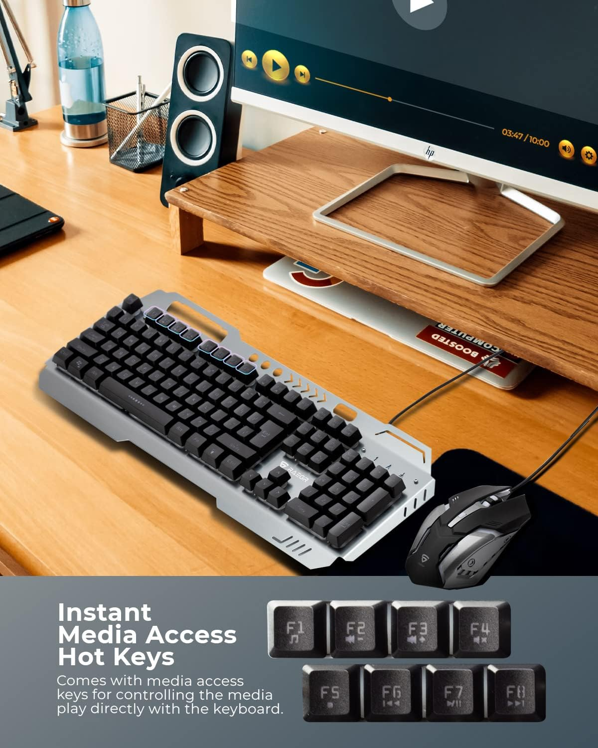 RAEGR Rapidgear X70 Gaming Keyboard & Mouse Set | Made of Aluminium Body | 4 Choices of Adjustable DPI | 3 Rainbow Lighting Modes, Instant Media Access | Gaming Mouse for Pc/Laptop/Mac - RG10359 image number 3