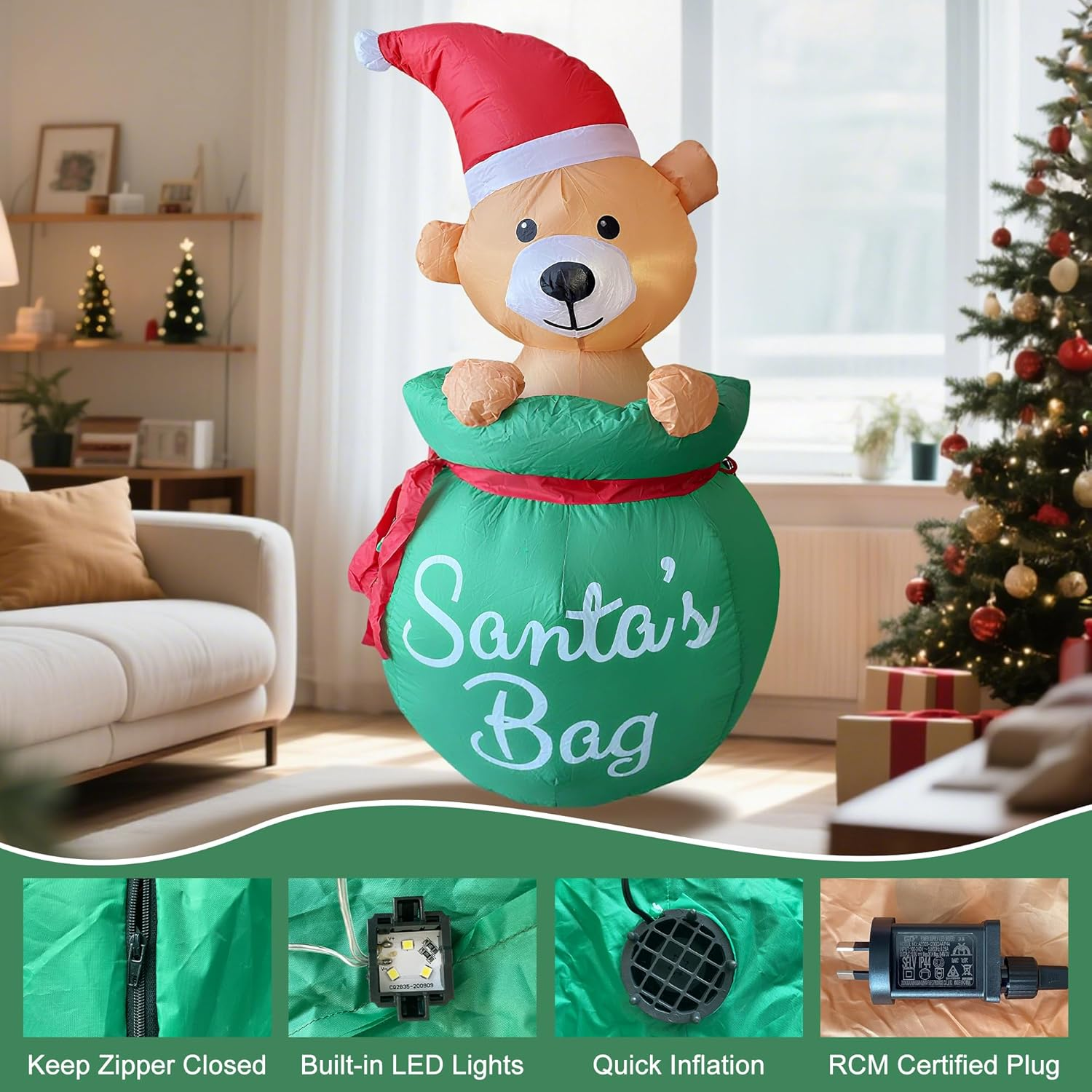 ONEIN 134CM Christmas Inflatables Teddy Bear in Santa&rsquo;S Bag with LED Lights - Cute Outdoor Blow up Decoration for Xmas Yard, Garden & Party - Weather-Resistant with Built-In Fan, Stakes & Sandbags image number 1