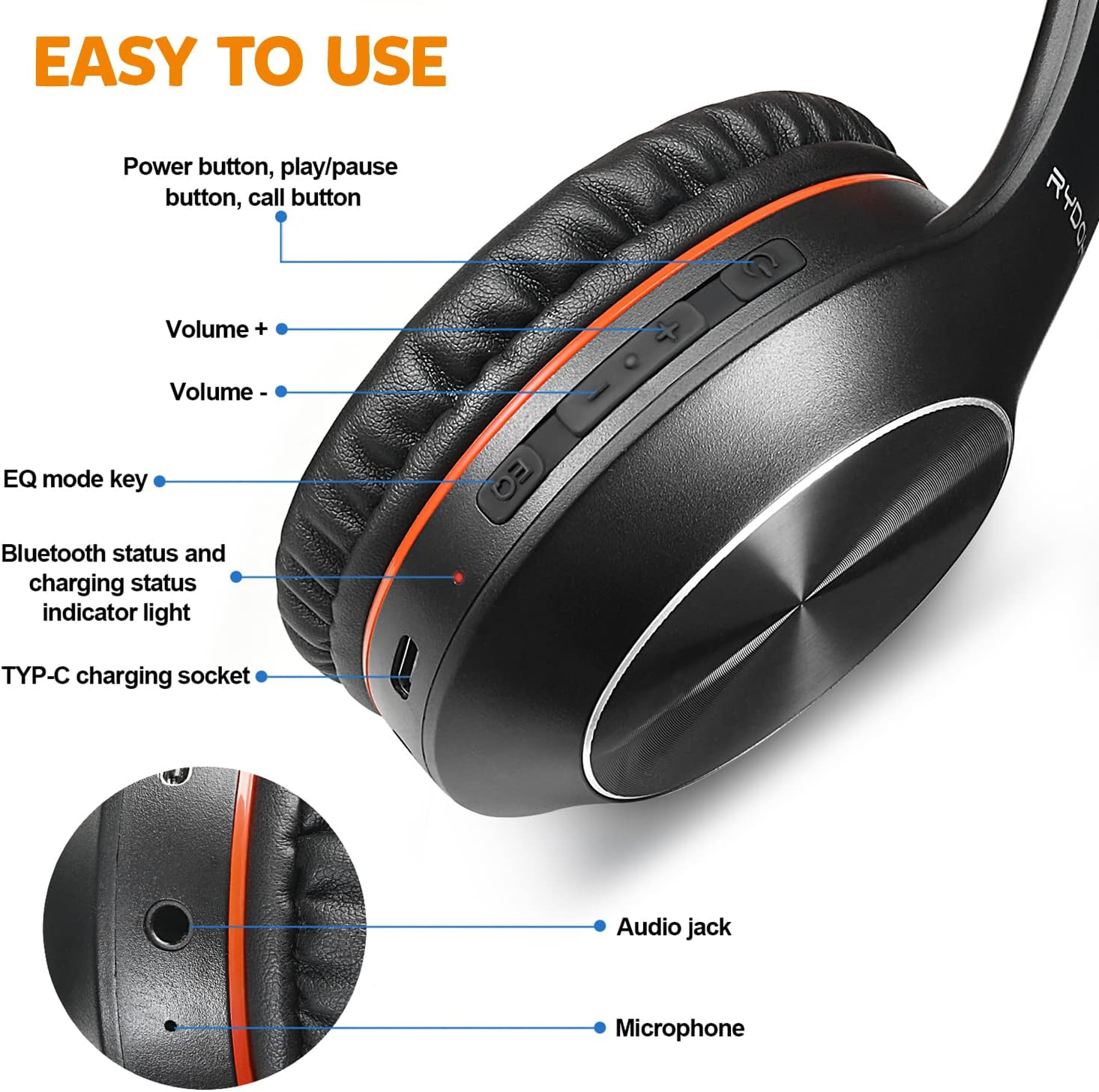 Rydohi Bluetooth Headphones over Ear, 68H Playtime and 3 EQ Music Modes Wireless Headphones with Microphone/Deep Bass, Hifi Stereo Foldable Lightweight Headset for PC Home Travel Office (BLACK-ORANGE) - Black image number 6