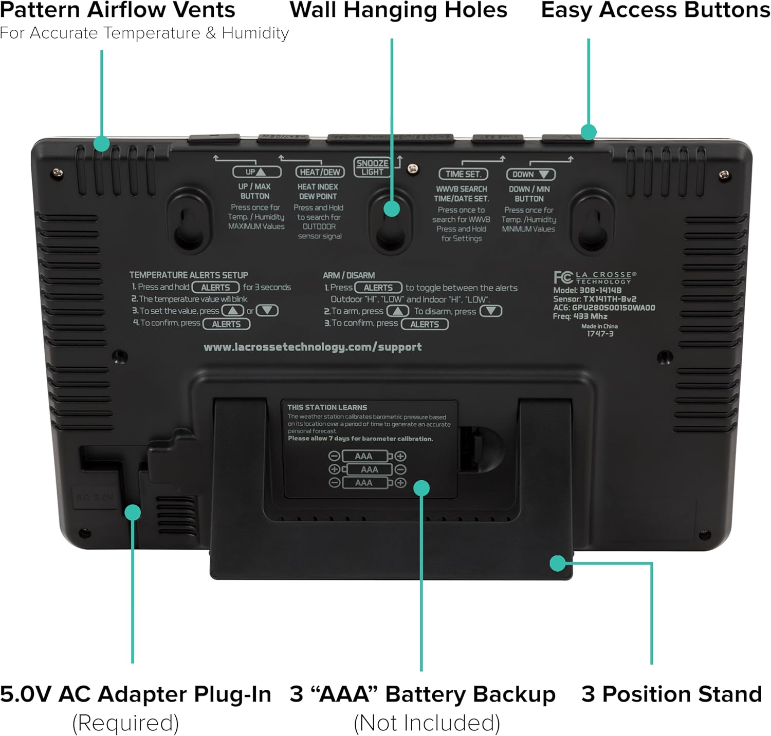 La Crosse Technology 308-1414B Wireless Atomic Digital Color Forecast Station with Alerts, Black image number 4