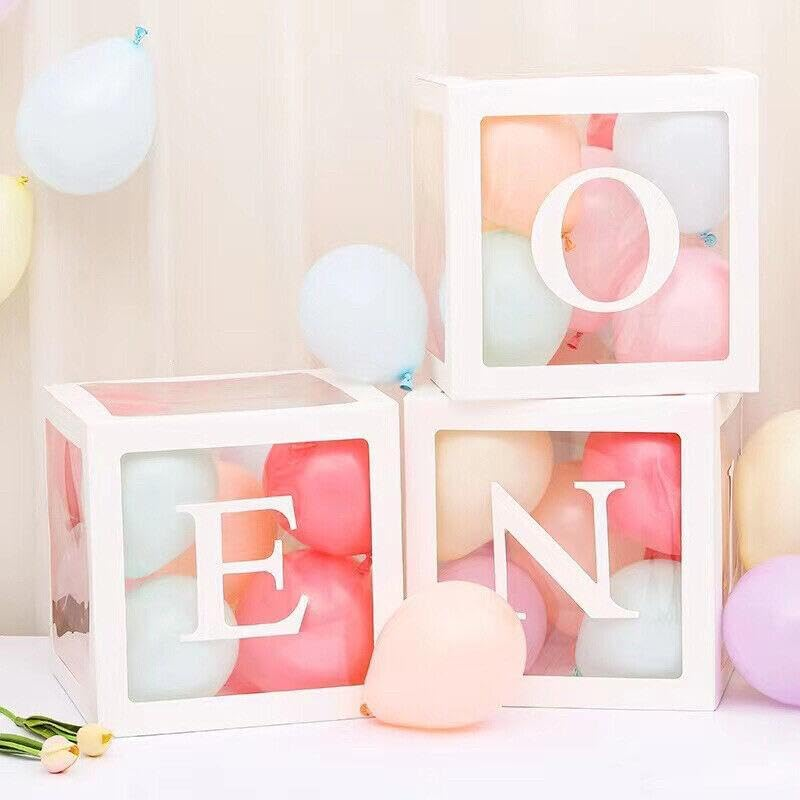 3/4PCS ONE Baby Transparent Balloon Box Girls Boys Shower 1St Birthday Party, Customizable with Letters, Pink, 11.8" Cubes