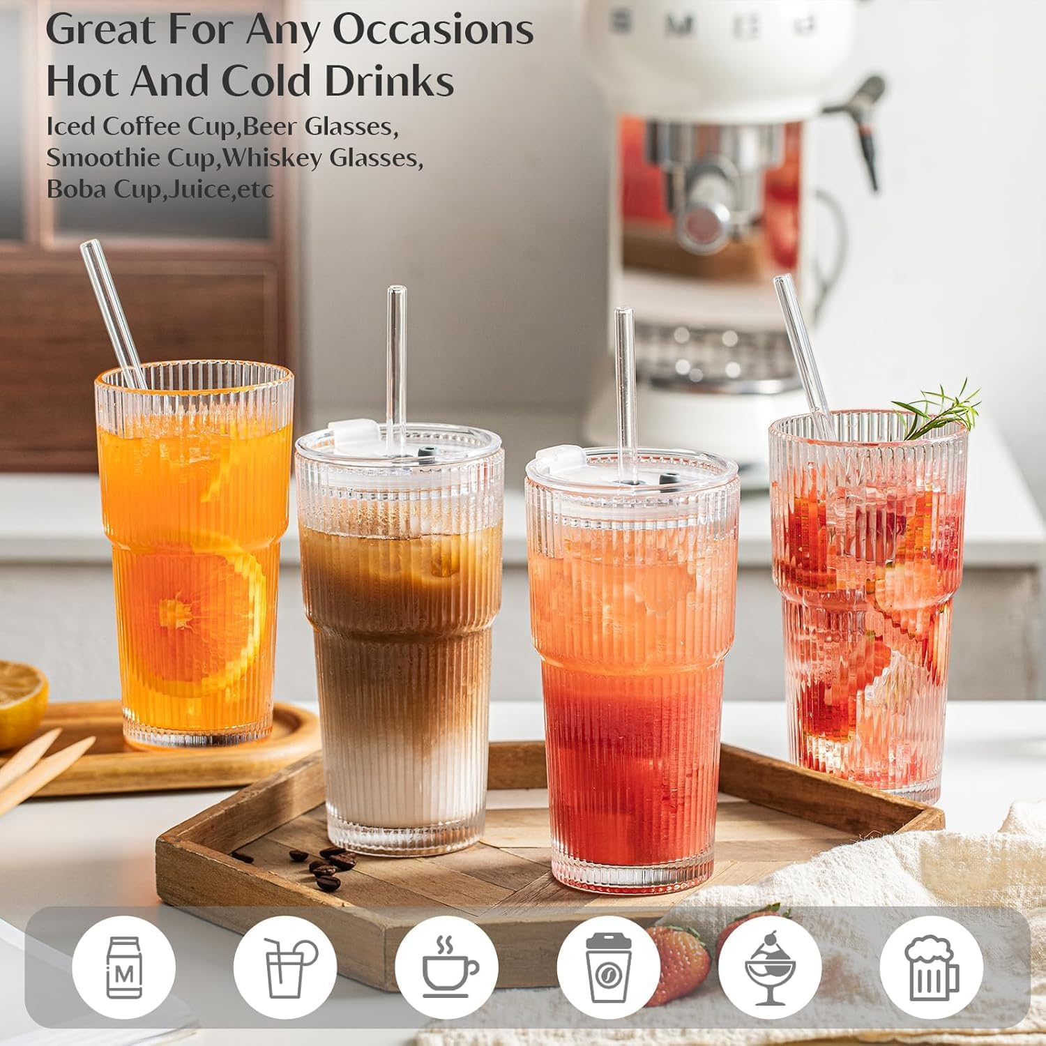 Sooyee 20 Oz Ribbed Glass Tumblers with Lids and Glass Straws &ndash; 4-Piece Glassware Set, Thickened Glass, Ideal for Iced Coffee, Smoothies, Cocktails, and Juices &ndash; Elegant and Durable Drinkware image number 5
