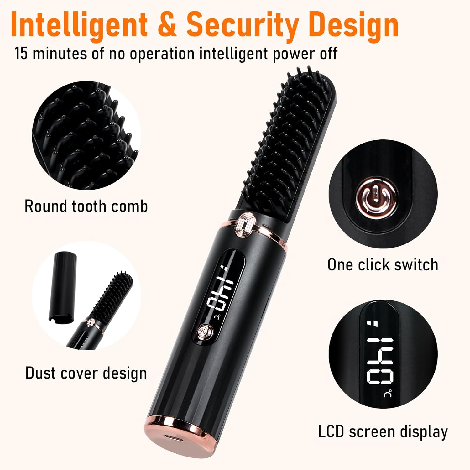 Cordless Hair Straightener Brush, Portable Hot Comb Hair Straightener Negative Ion Hair Straighteners Comb for Women 5 Temperature Beard Straightener Brush USB Rechargeable Anti-Scald Auto-Off - Black image number 5