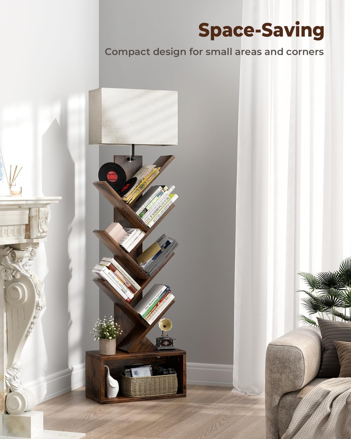 PTEROMYS 6 Tier Tree Bookshelf with Light, Narrow Bookcase Tower, Tall Floor Standing Book Organizer with Storage Cabinet for Living Room, Bedroom and Home Office (Rustic Brown) image number 6