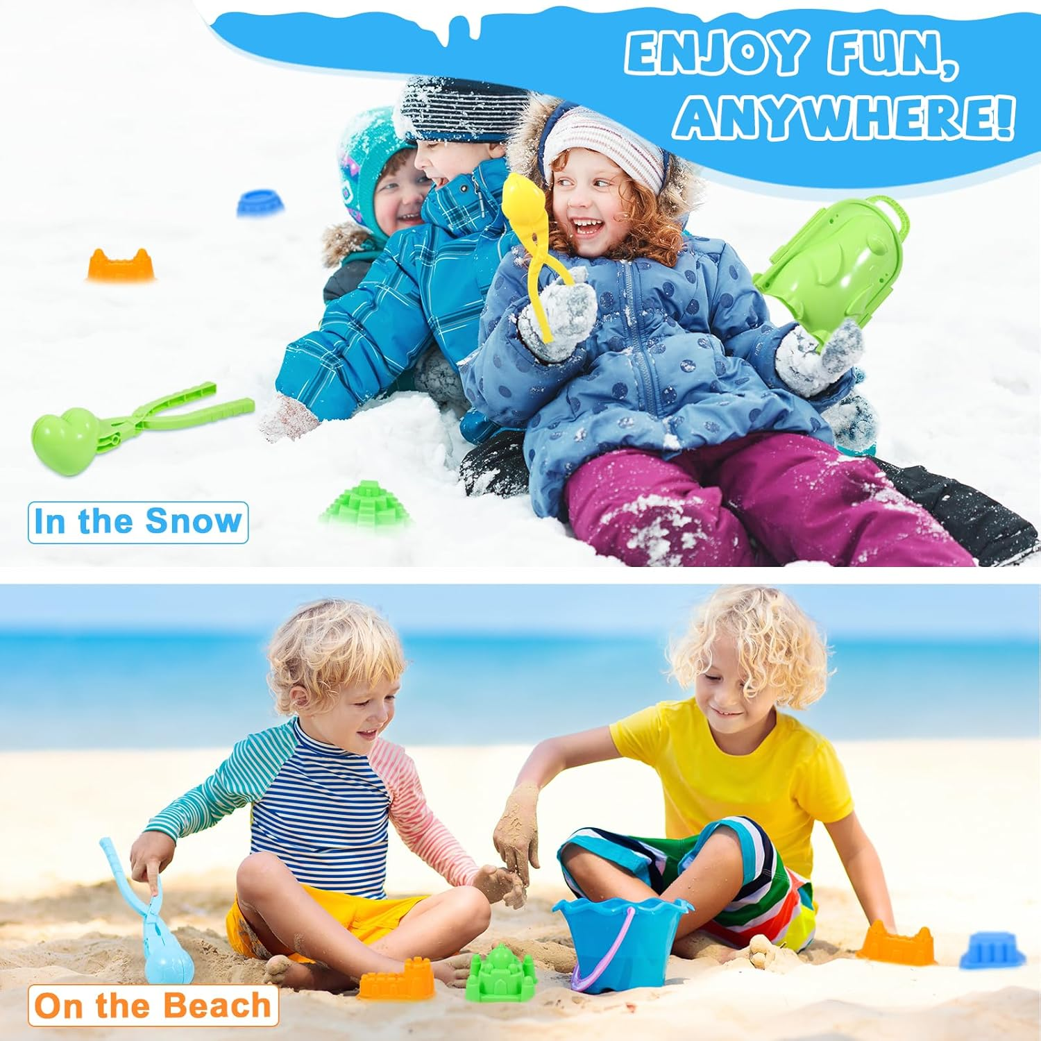 JOLLYFUN Snowball Makers Kit for Kids, 13 Pcs Winter Snow Toys with Duck & Penguin, Snowman Molds, Carry Bag, Outdoor Snow Sand Castle Building Toys for Toddlers & Children image number 1