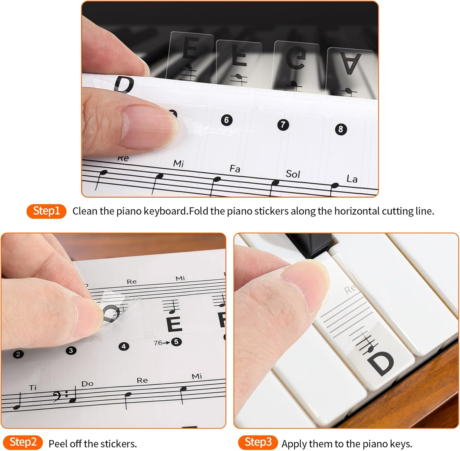 Runzoos Piano Keyboard Stickers for 88/76/61/54/49 Keys, Transparent and Removable Piano Stickers for Beginners, Keyboard Letters Labels, Piano Notes Guide (Black) - Black image number 5