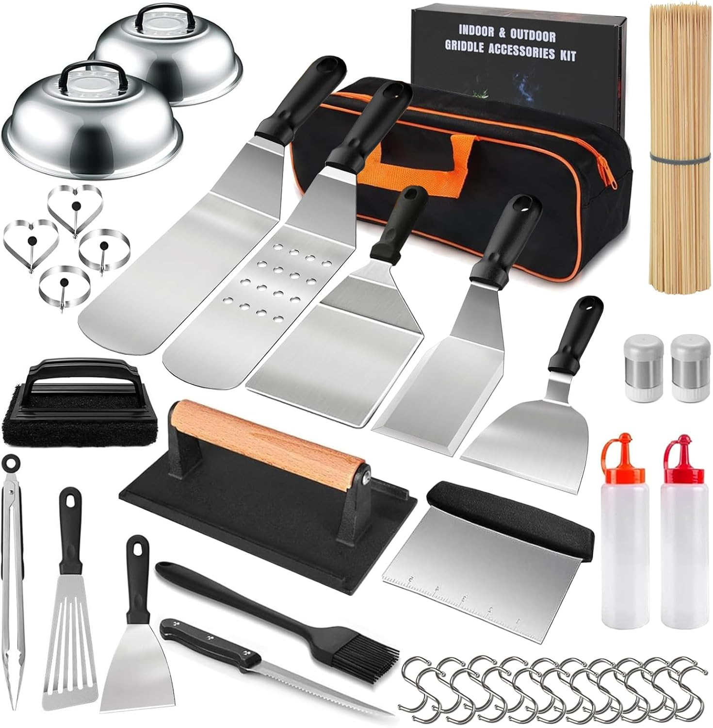 45 Pcs BBQ Kit, BBQ Utensils, Smoker Accessories, Stainless Steel BBQ Tools Set with 2 Basting Cover, Griddle Spatulas, Flat Top, Scraper, Meat Press for Outdoor, Camping, Backyard, Camping image number 4