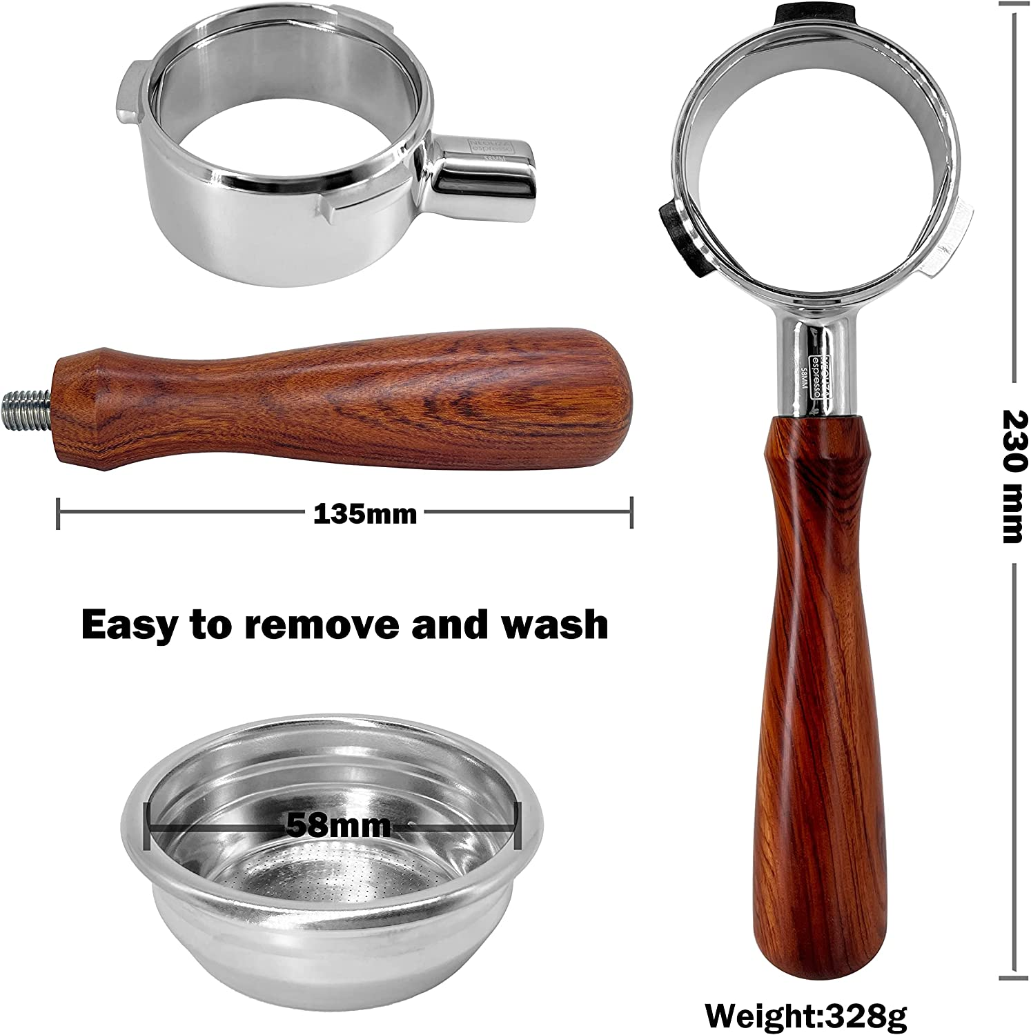 NEOUZA 58Mm Bottomless Three Ears Portafilter Espresso Coffee Machine Compatible with Smeg EGF03 Sunbeam Breville Barista Max Stainless Steel(Gift Set) image number 1