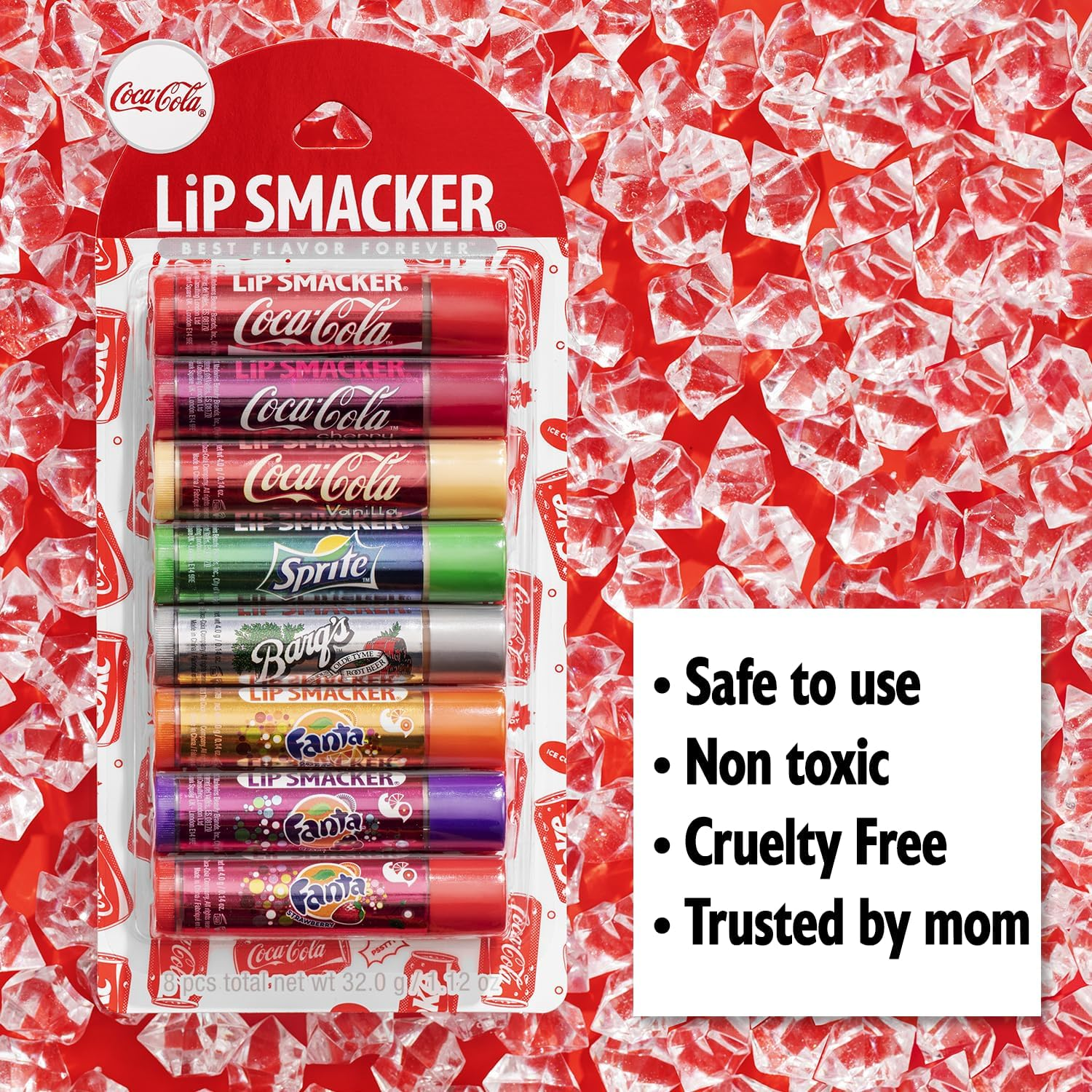 Lip Smacker Coca-Cola Flavored Balm, 8 Count, Flavors Coke, Cherry Vanilla Sprite, Root Beer, Orange Fanta, Grape Strawberry Fanta image number 1