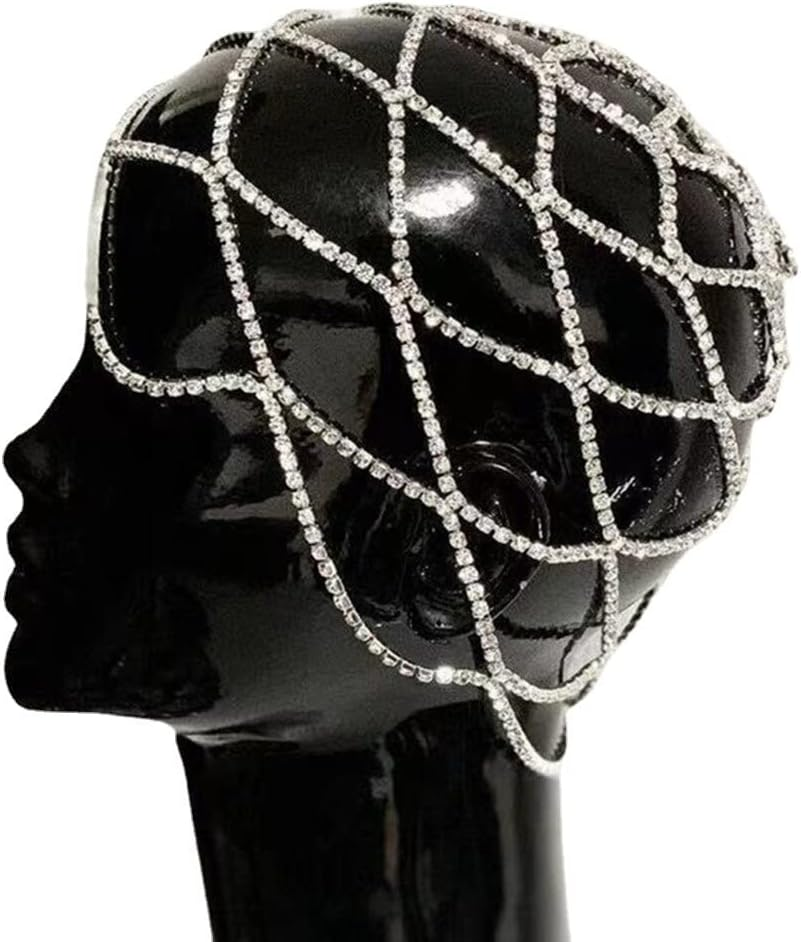 Rhinestone Mesh Headpiece Cap Silver Roaring 20S Crystal Flapper Head Chain for Women Girls, Head Jewelry Art Deco Bridal Party Hair Accessories image number 3