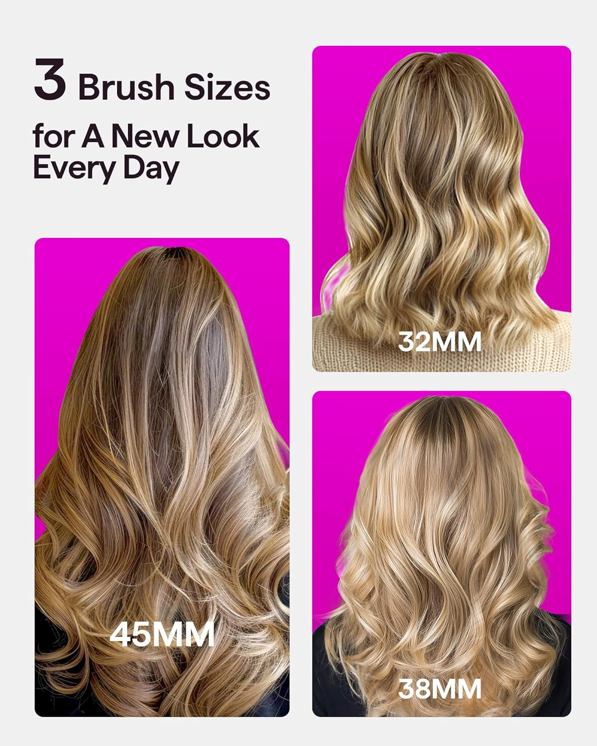 Wavytalk Heatwave Pro Ionic Thermal Brush Set, Dual Voltage 3-Size Heated round Brush for Short to Long Hair, Bilateral Negative Ions for Frizz-Free Shiny Blowout, Pink image number 2