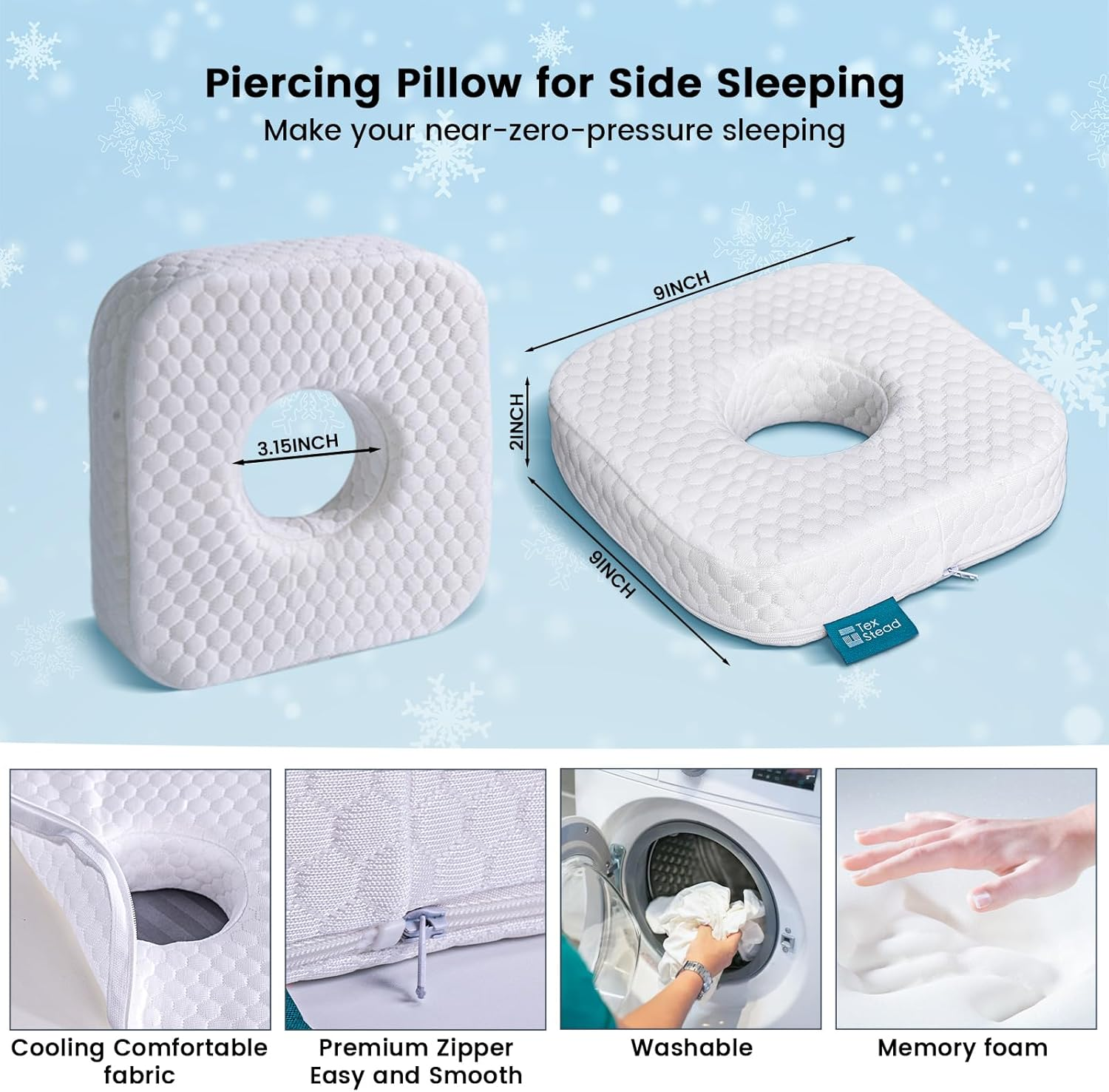 TEXSTEAD Ear Piercing Pillow for Side Sleepers, Memory Foam Pillow with an Ear Hole for CNH Ear Pain Ear Inflammation Pressure Sores, Square Ear Guard Sleeping Pillow - Dark Gray image number 4