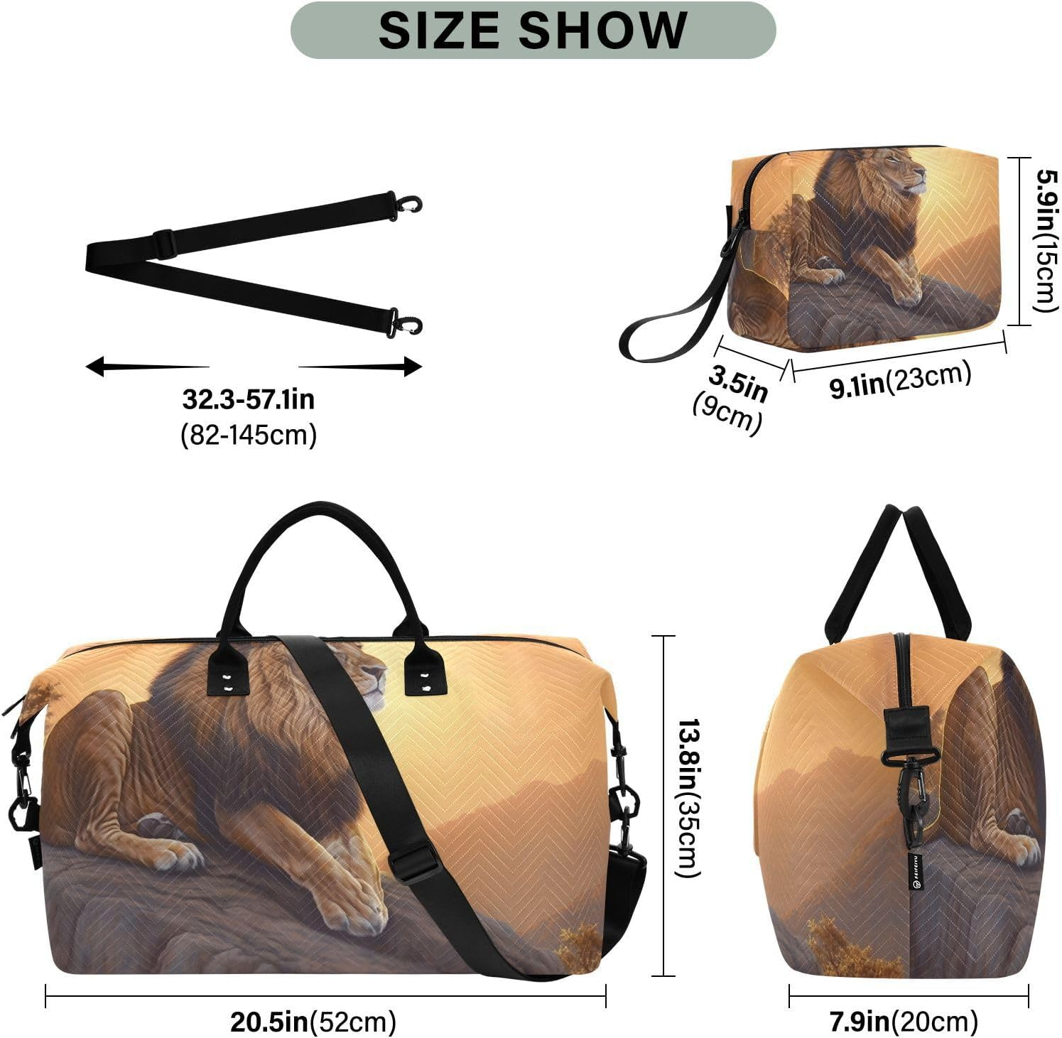 XYMZR Large Travel Duffel Bag, Lion Rock Sports Tote Gym Bag, Shoulder Weekender Overnight Bag for Women Men, Carry on Luggage with Toiletry Bags, Multi-Colored, Multi-Colored image number 4