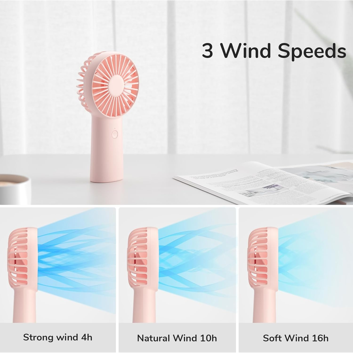 JISULIFE Handheld Fan, 4000Mah Small Portable Fan, Personal USB Rechargeable Pocket Fan [4-16H Working Time] Battery Operated Hand Fan with 3 Speeds for Outdoor/Travel, Summer for Men Women-Pink image number 1