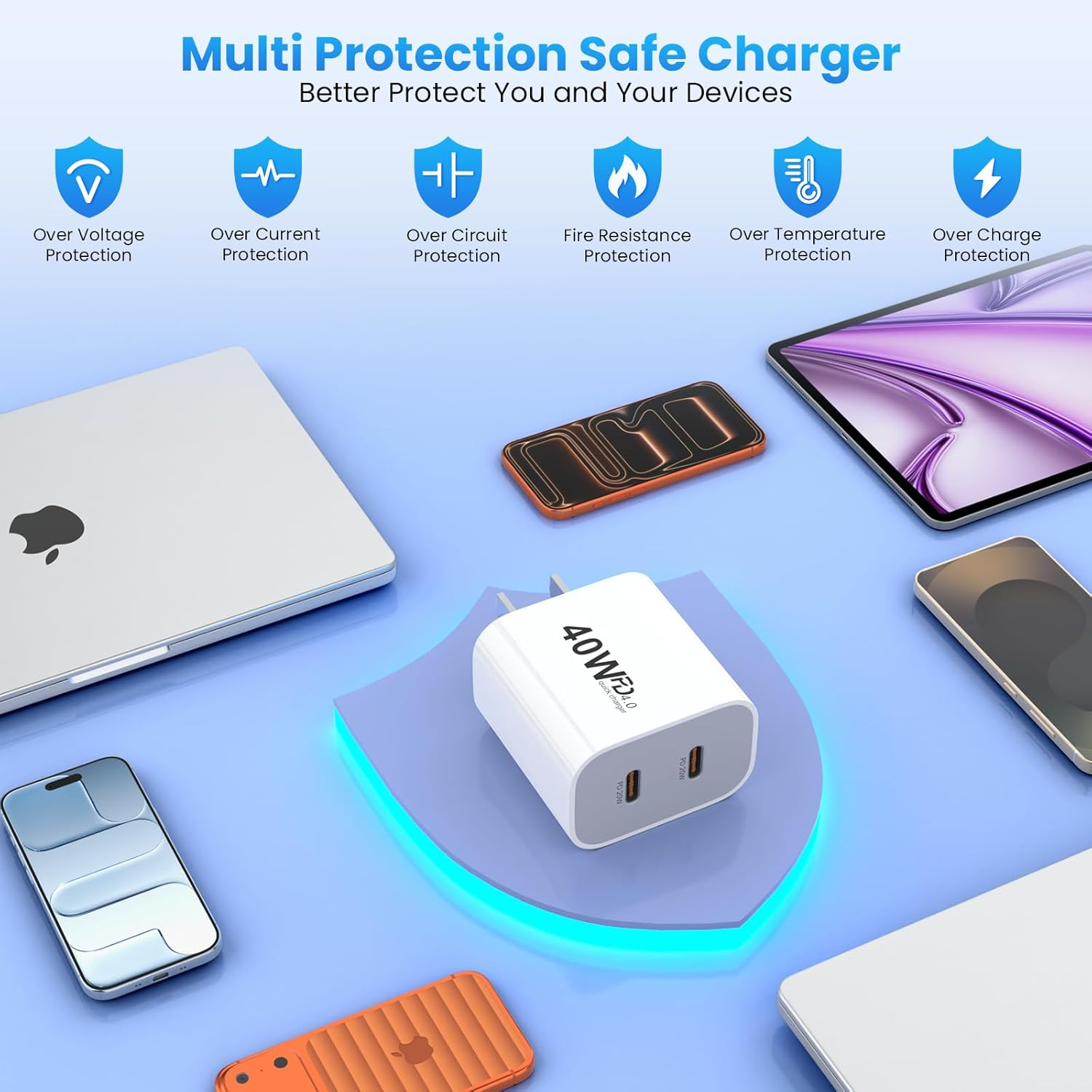 40W USB C Fast Charger 2Pack,2-Port PD USB-C Wall Charger Plug with Dual PD USBC Port,Power Adapter Type C Wall Charger Au-Plug for Iphone/Ipad/Samsung/Galaxy with 2M USB-C & Lightning Cable image number 1