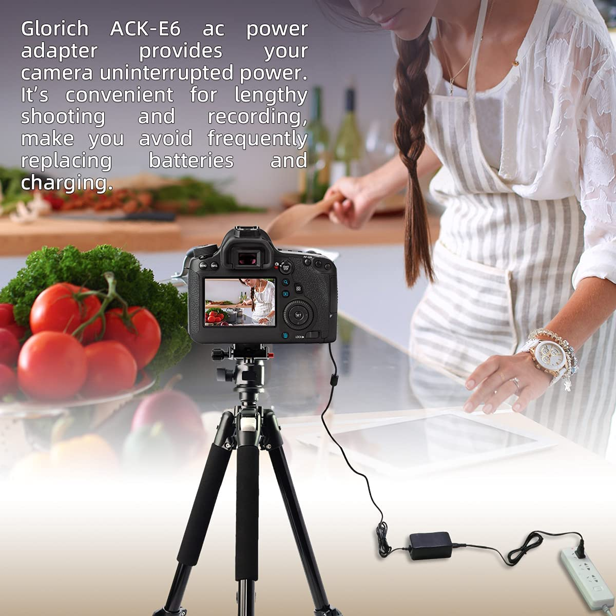 Glorich ACK-E6 AC Power Adapter DR-E6 DC Coupler LP-E6 LP-E6N Dummy Battery Power Supply Kit for Cameras Canon EOS R6 R5 R 90D 80D 7D Mark II 7D 70D 6D 60D 5D Mark IV 5DS with Fully-Decoded Smart Chip image number 4