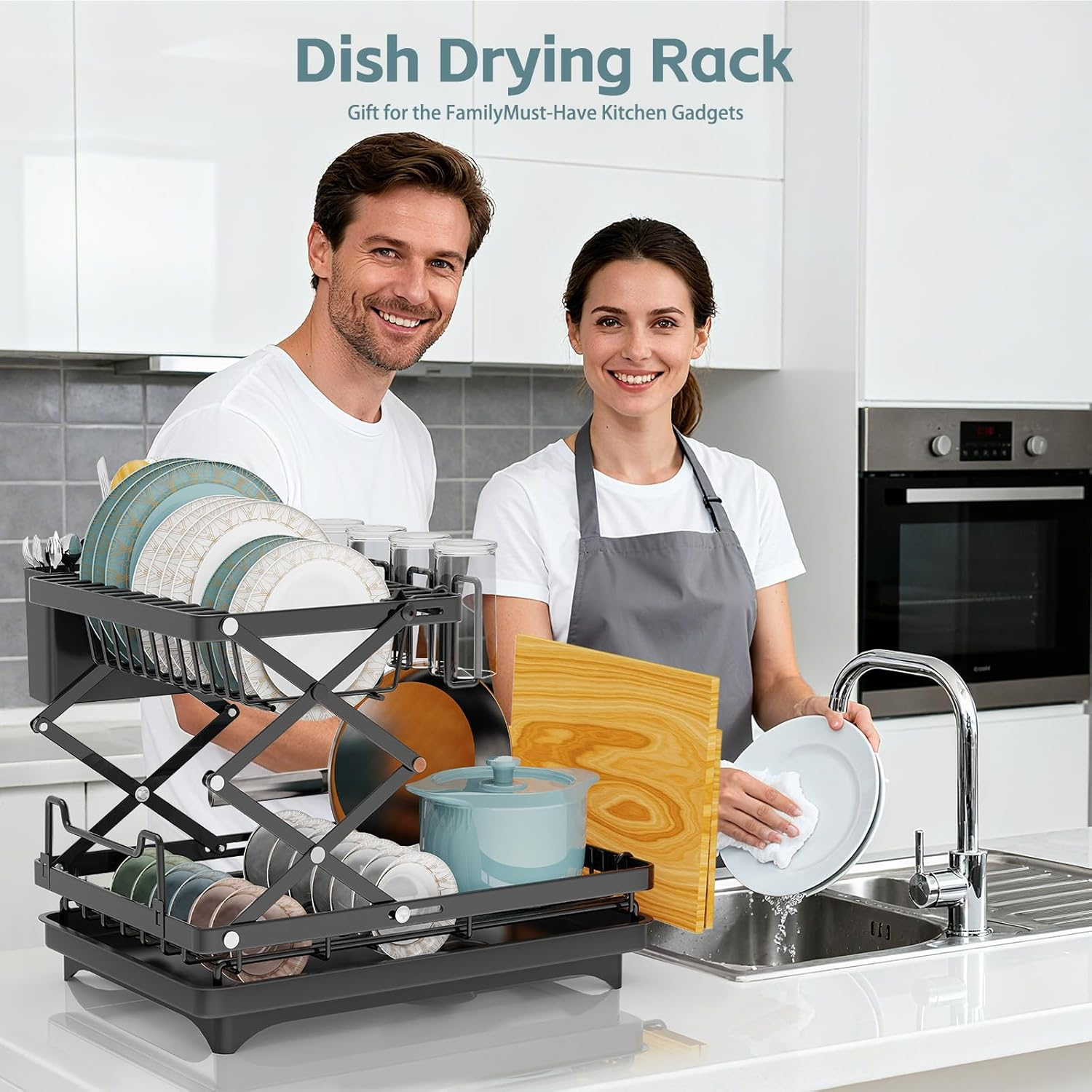 Dish Rack for Kitchen Counter Large 2 Tier Dish Drying Rack with Drainboard Set Folding Dish Drainer with Dishwashing Sponge for Kitchen Storage & Organisation (Black) image number 4