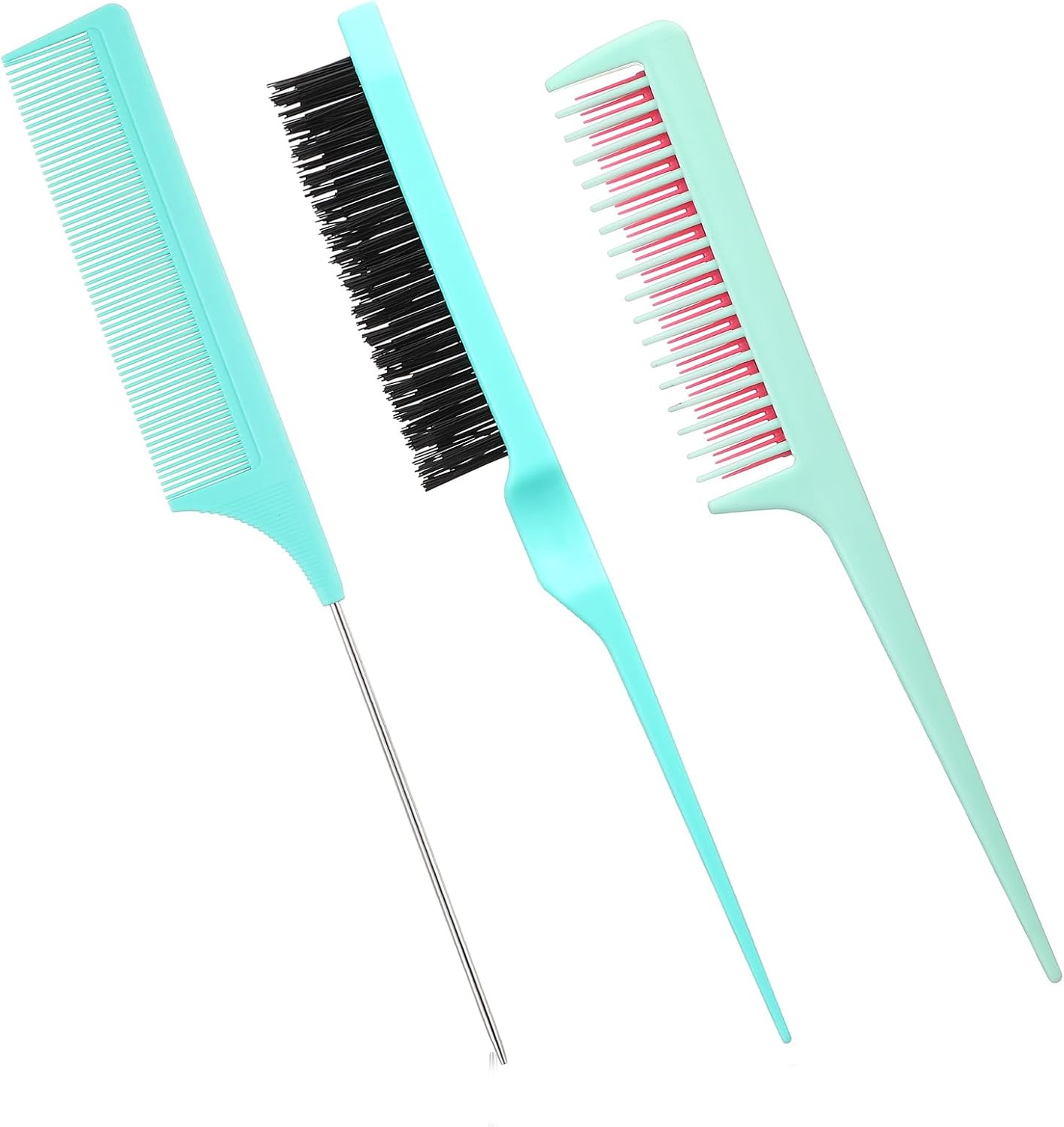 Patelai 3 Pieces Hair Styling Comb Set, Includes Hair Brush Teasing Fluffy Hair Brush, Rat Tail Comb Teasing Comb and Triple Teasing Comb for Women Back Combing Hair(Green)
