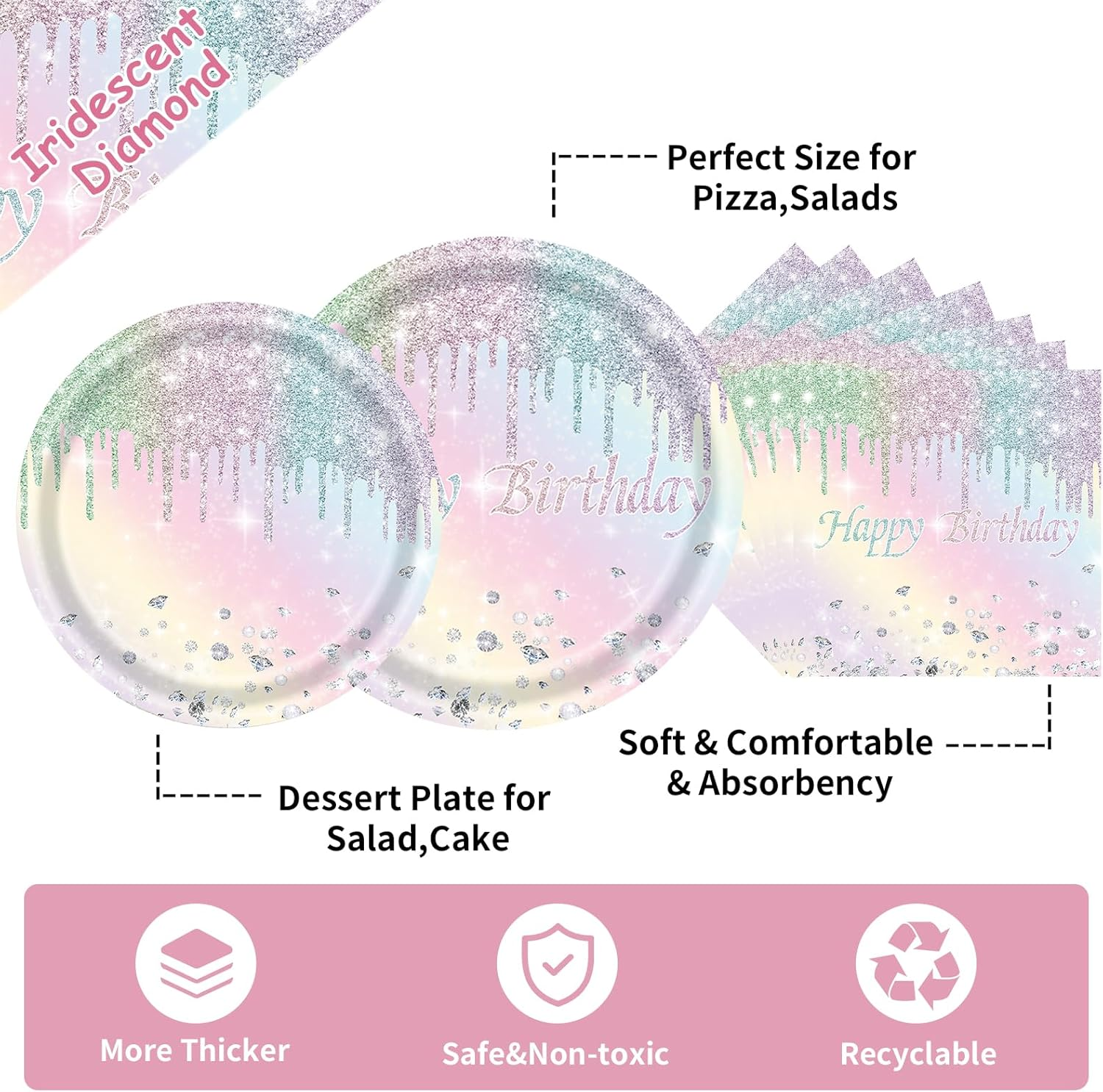 Diamond Birthday Party Supplies,Colorful Glitter Paper Plates and Napkins Tableware with Tablecloth,For Girls Women Birthday,Serves 25 Guests image number 3