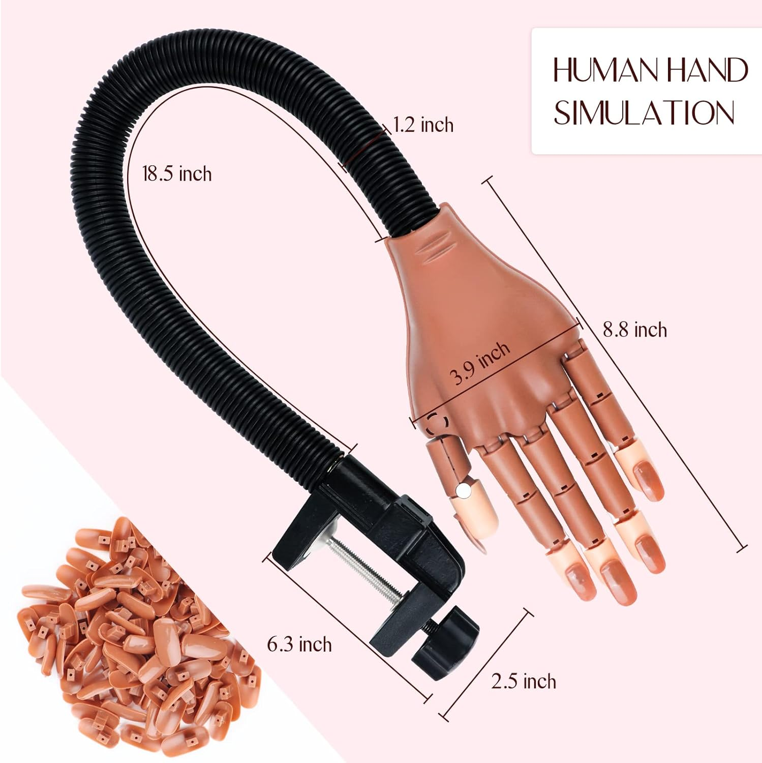 SAVILAND Practice Hand for Acrylic Nails, Flexible Moveable Fake Hands, Manicure Trainng Hand Nail Kit for Beginners, Movable Nail Maniquin Hand with 200PCS Nail Tips, Nail Glues, Brush and Clipper image number 3